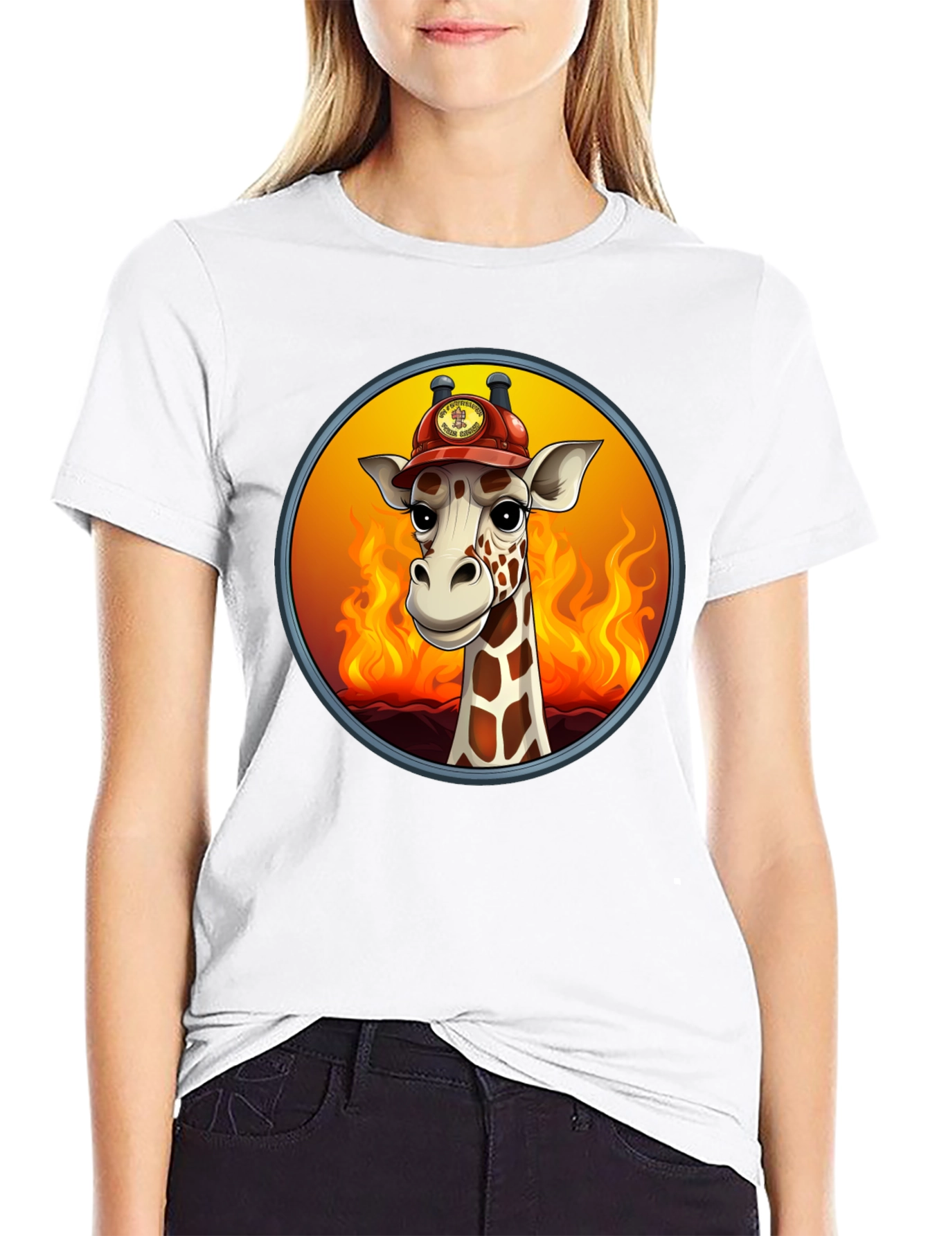 Giraffe Firefighter T-Shirt - Cartoon Animal Tee