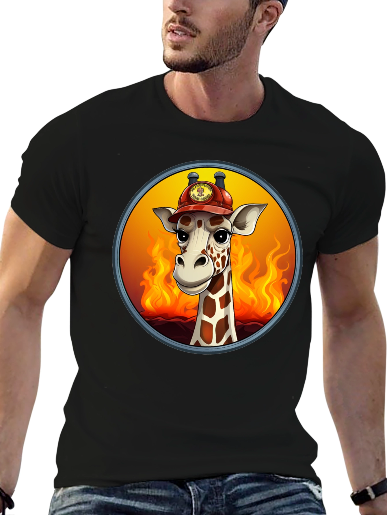 Giraffe Firefighter T-Shirt - Cartoon Animal Tee