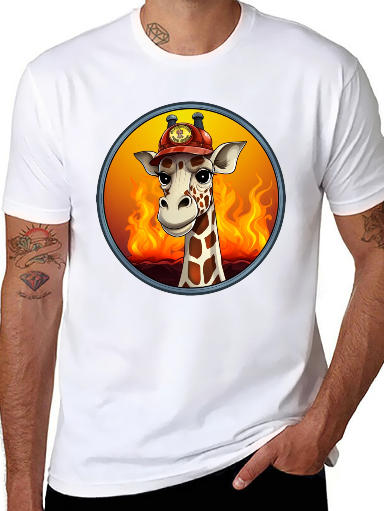 Giraffe Firefighter T-Shirt - Cartoon Animal Tee
