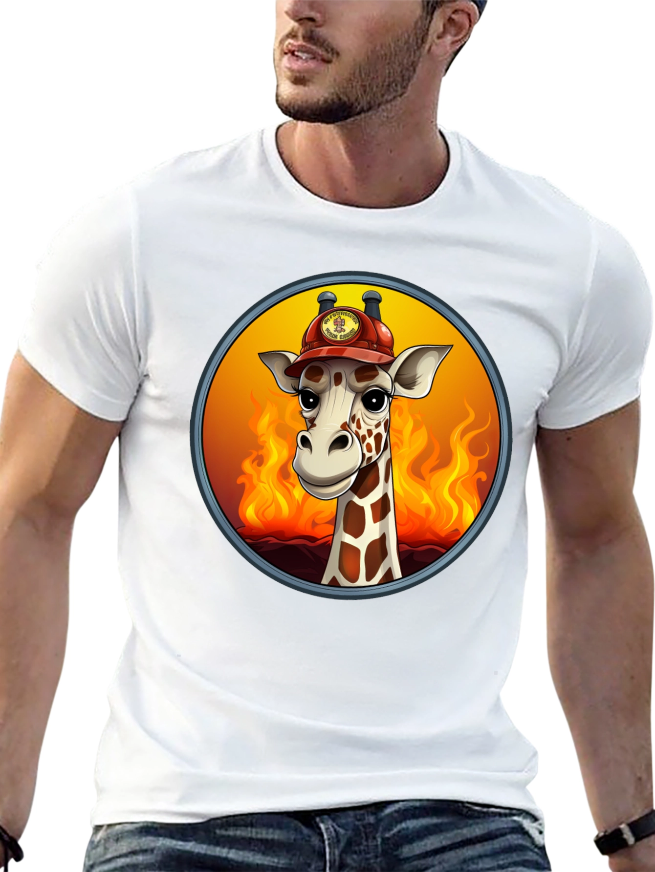 Giraffe Firefighter T-Shirt - Cartoon Animal Tee