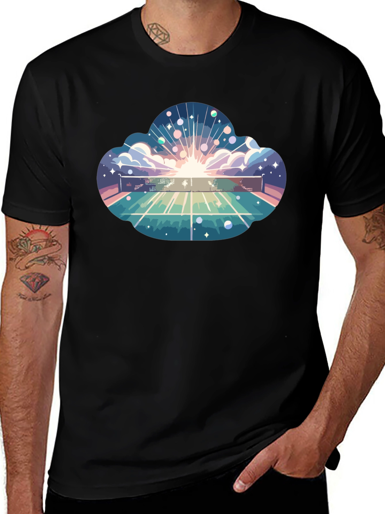 Cosmic Tennis Court Black T-Shirt