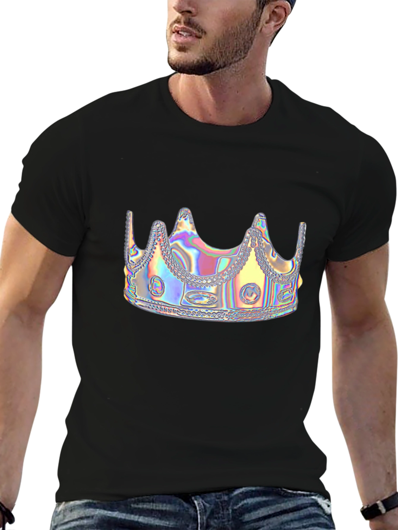 Holographic Crown Graphic Black Tee Shirt