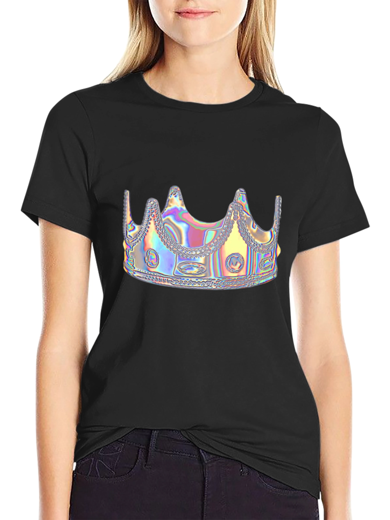 Holographic Crown Graphic Black Tee Shirt