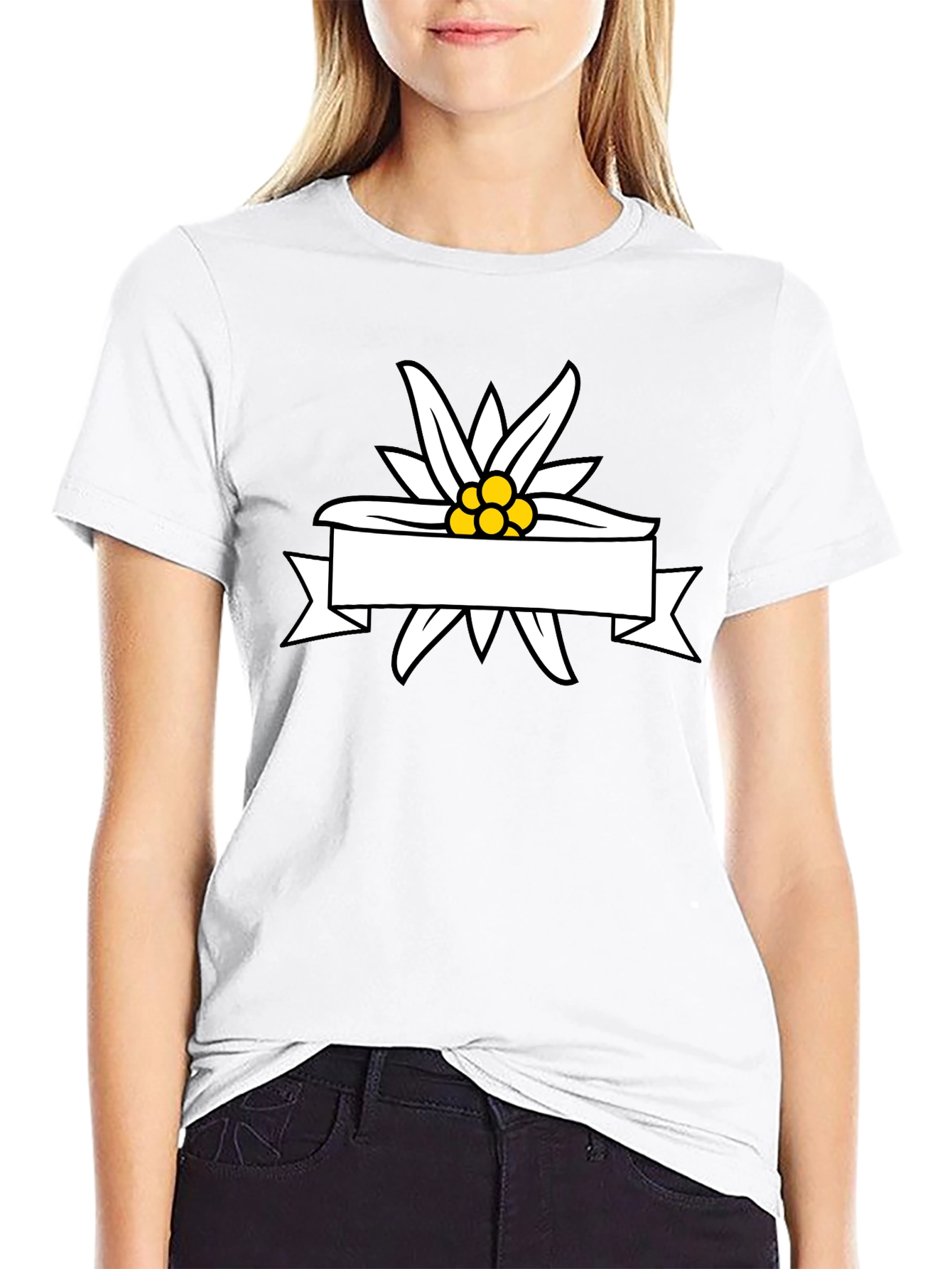 Edelweiss Flower Ribbon Graphic Tee - Stylish Black T-Shirt