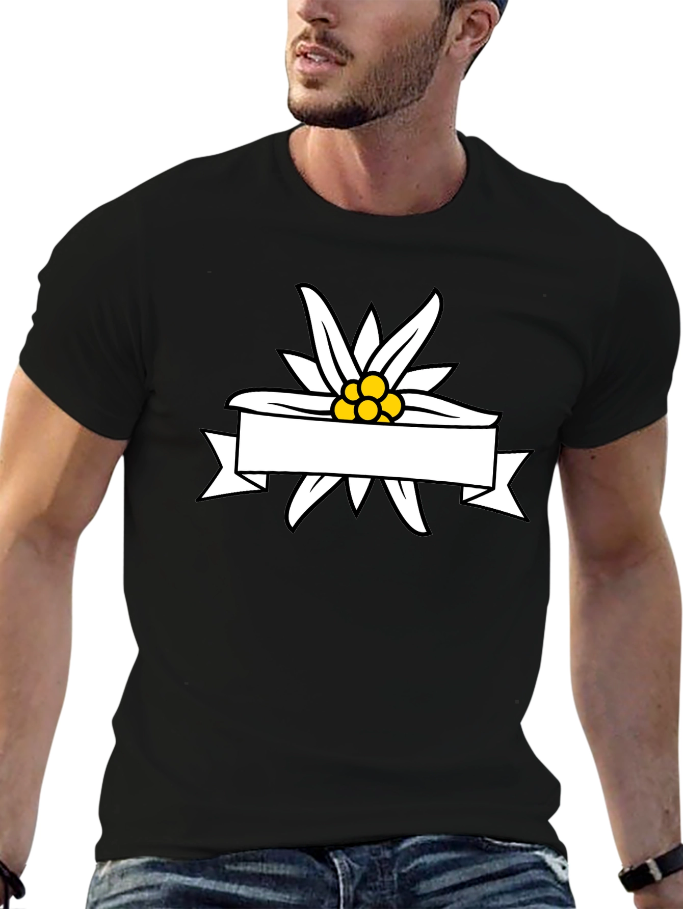 Edelweiss Flower Ribbon Graphic Tee - Stylish Black T-Shirt