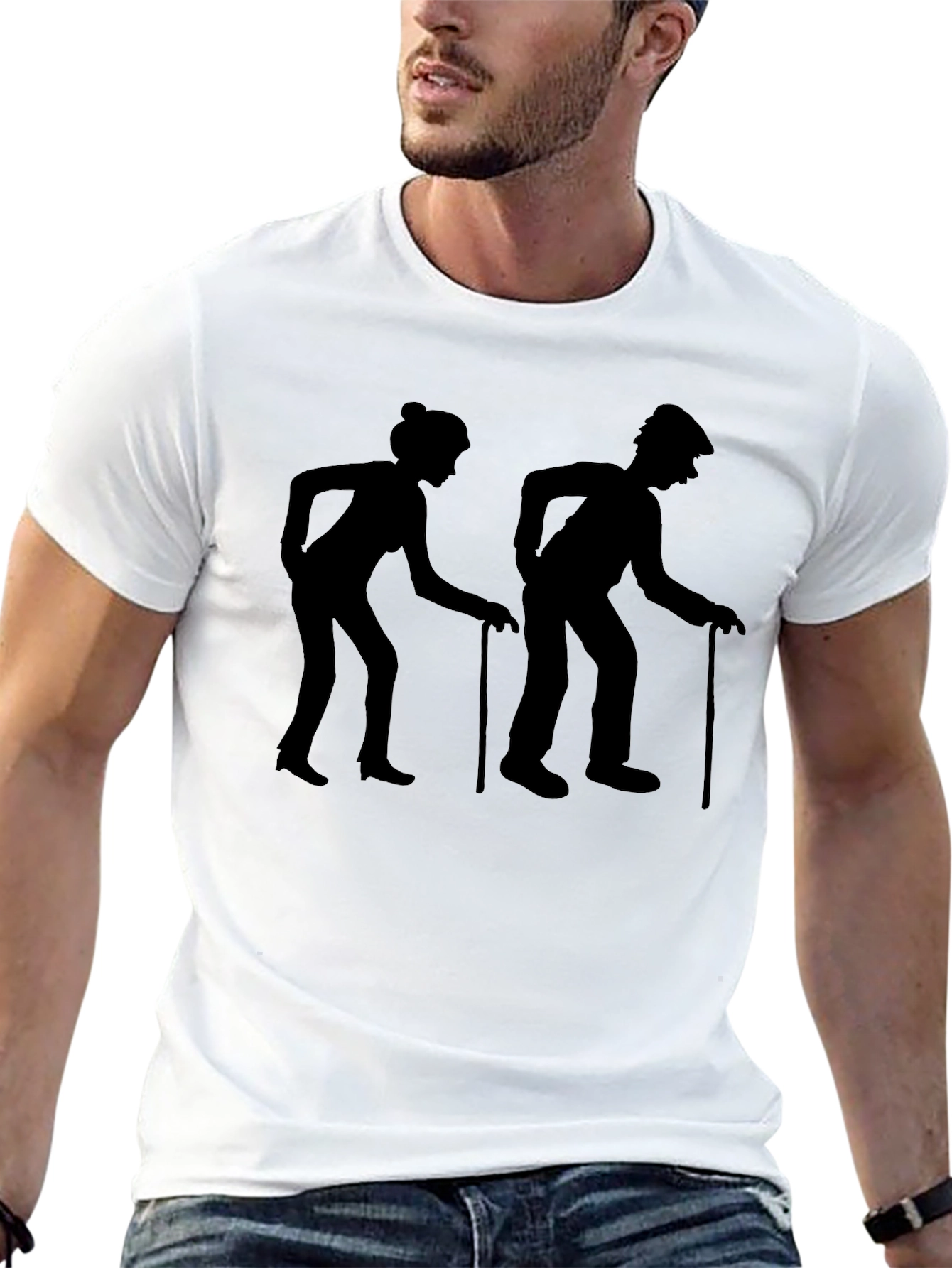 Old Couple Walking Stick Black Graphic T-Shirt