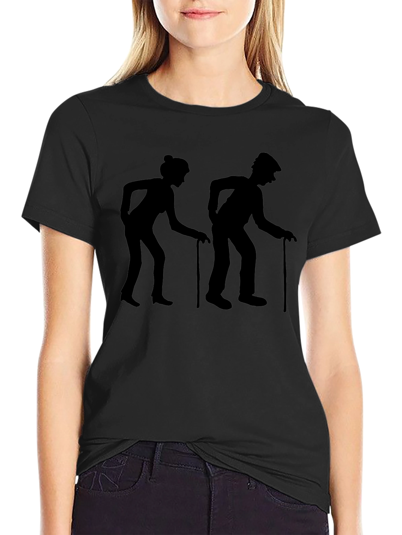 Old Couple Walking Stick Black Graphic T-Shirt