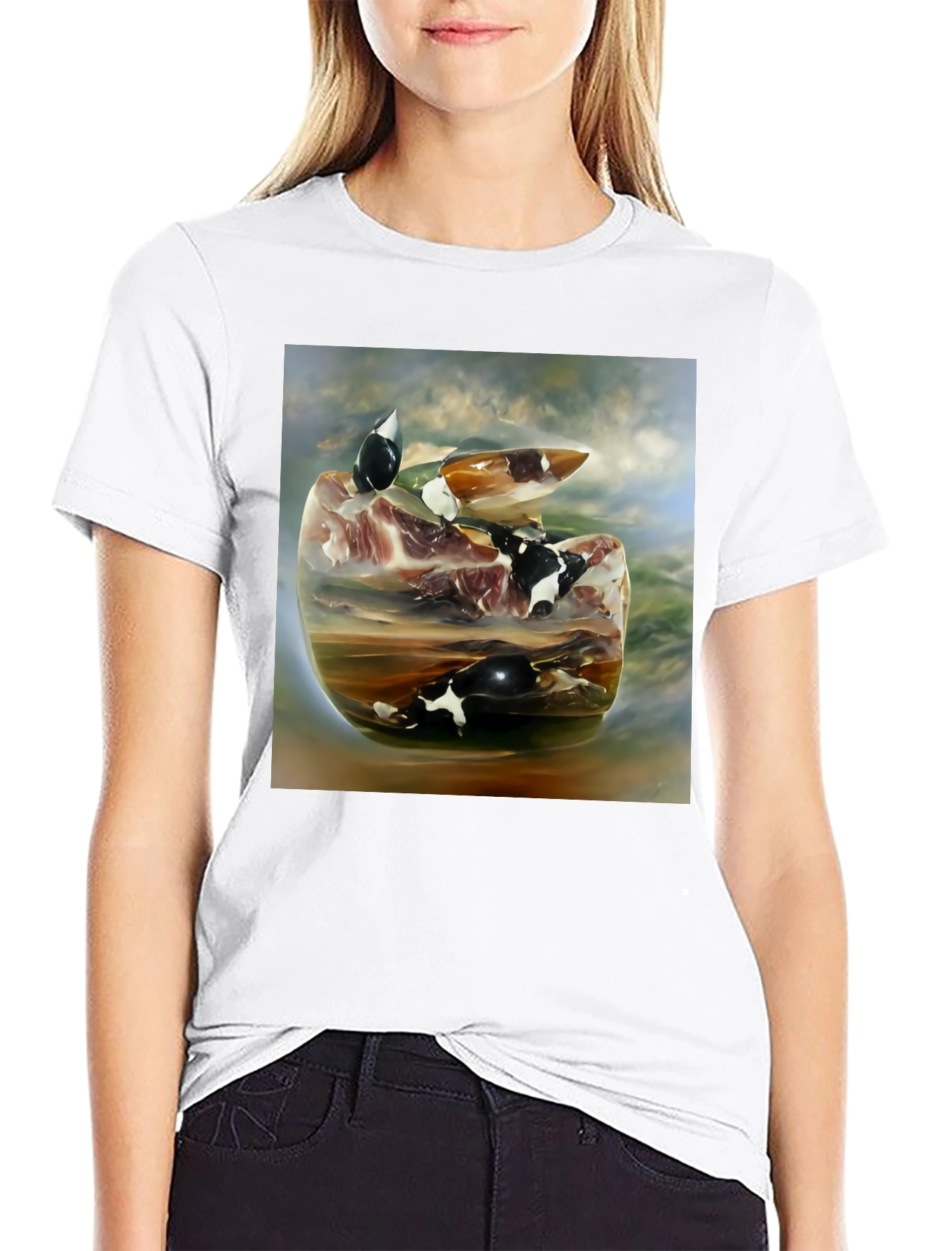 Surreal Cow Art Graphic Black Tee Shirt