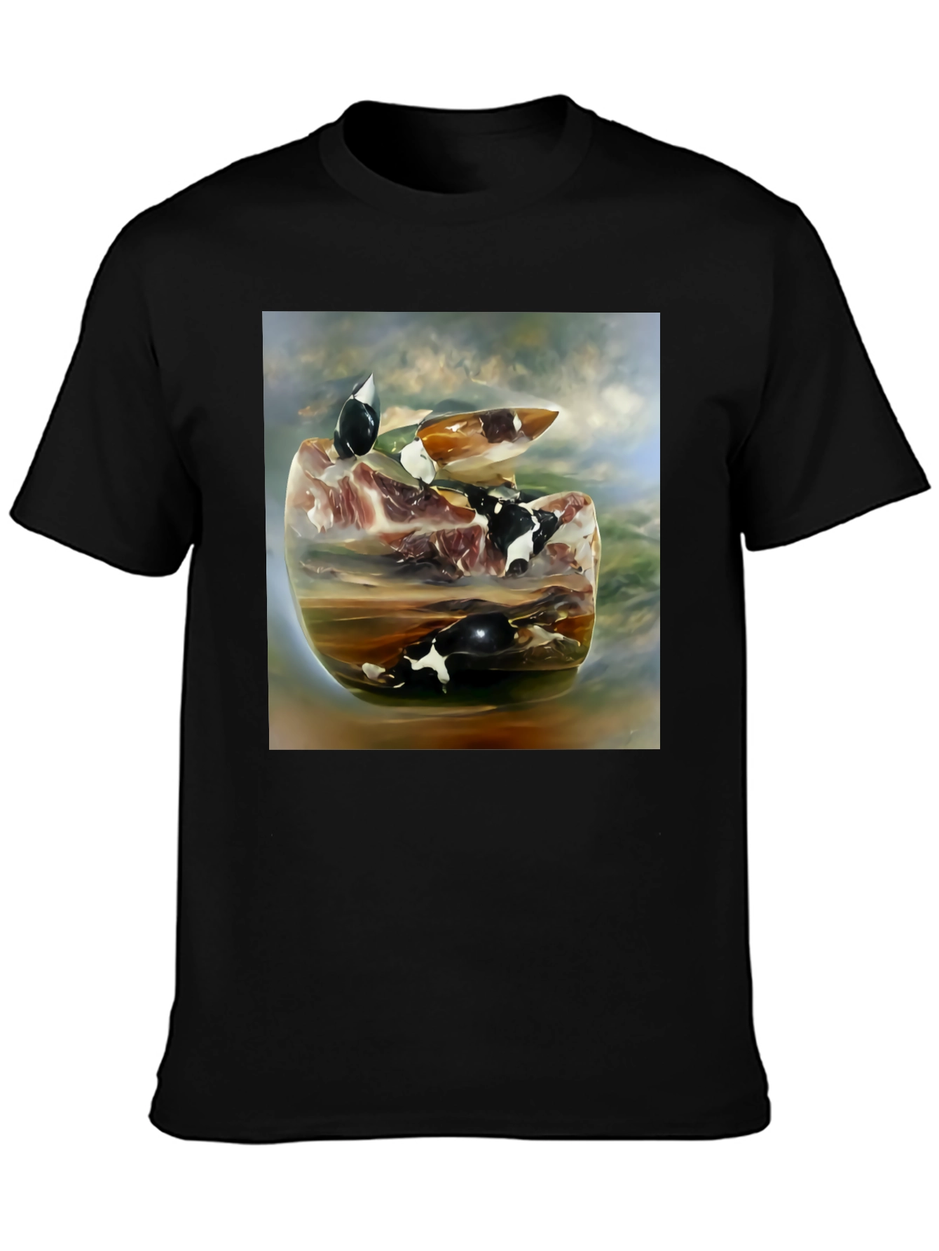 Surreal Cow Art Graphic Black Tee Shirt