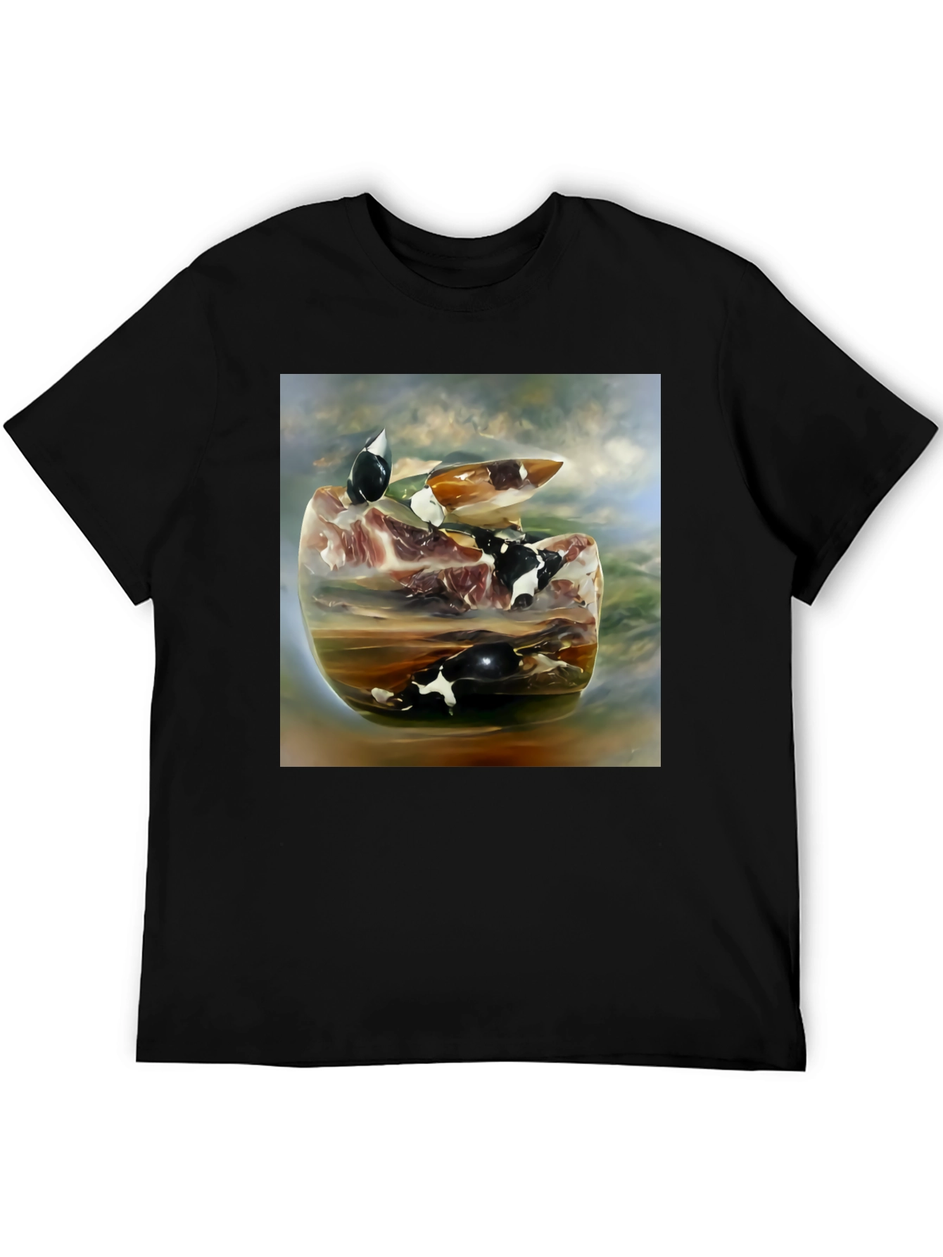 Surreal Cow Art Graphic Black Tee Shirt