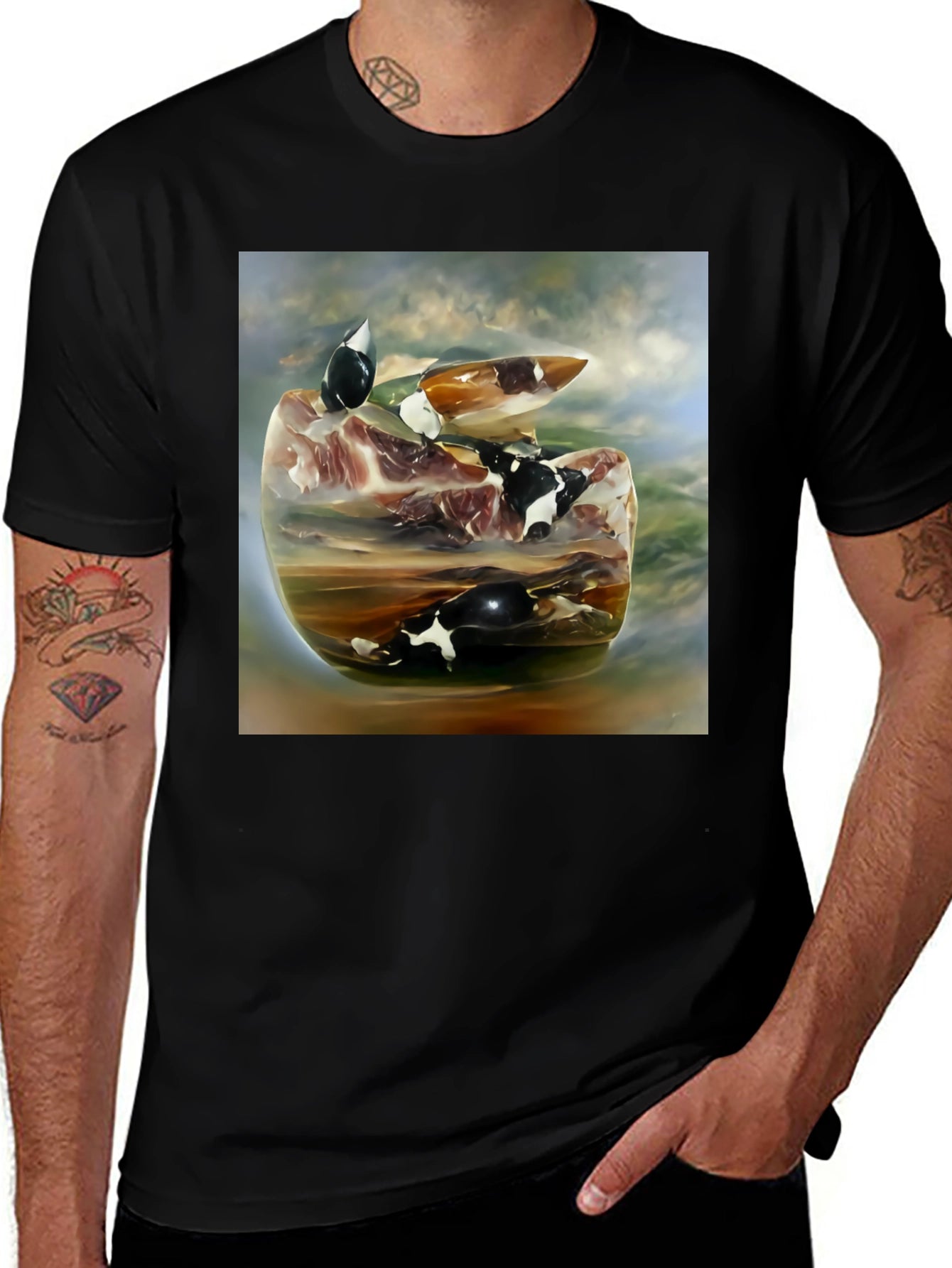 Surreal Cow Art Graphic Black Tee Shirt