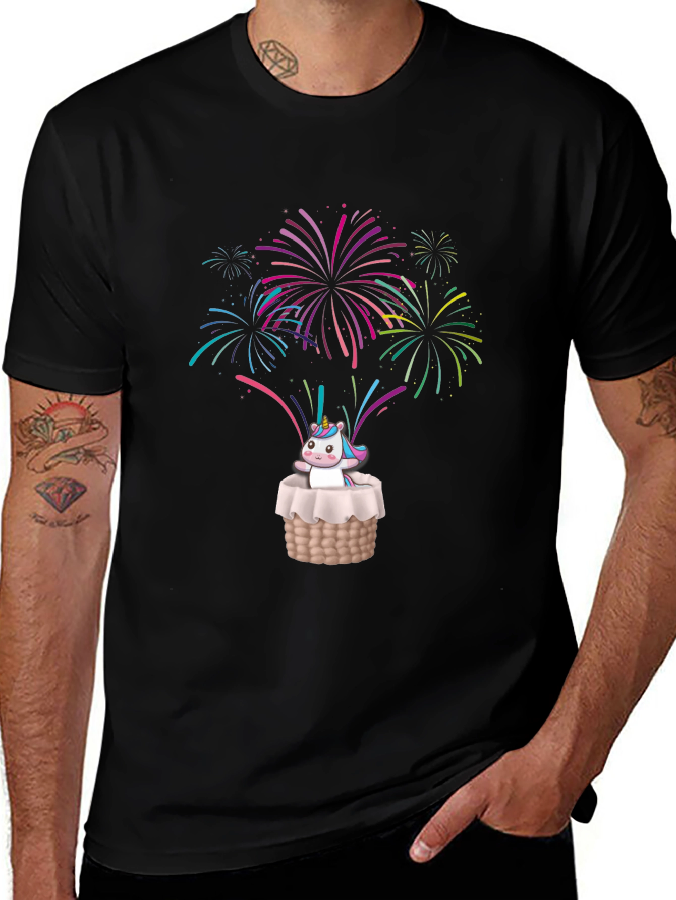 Unicorn in Basket Fireworks T-Shirt
