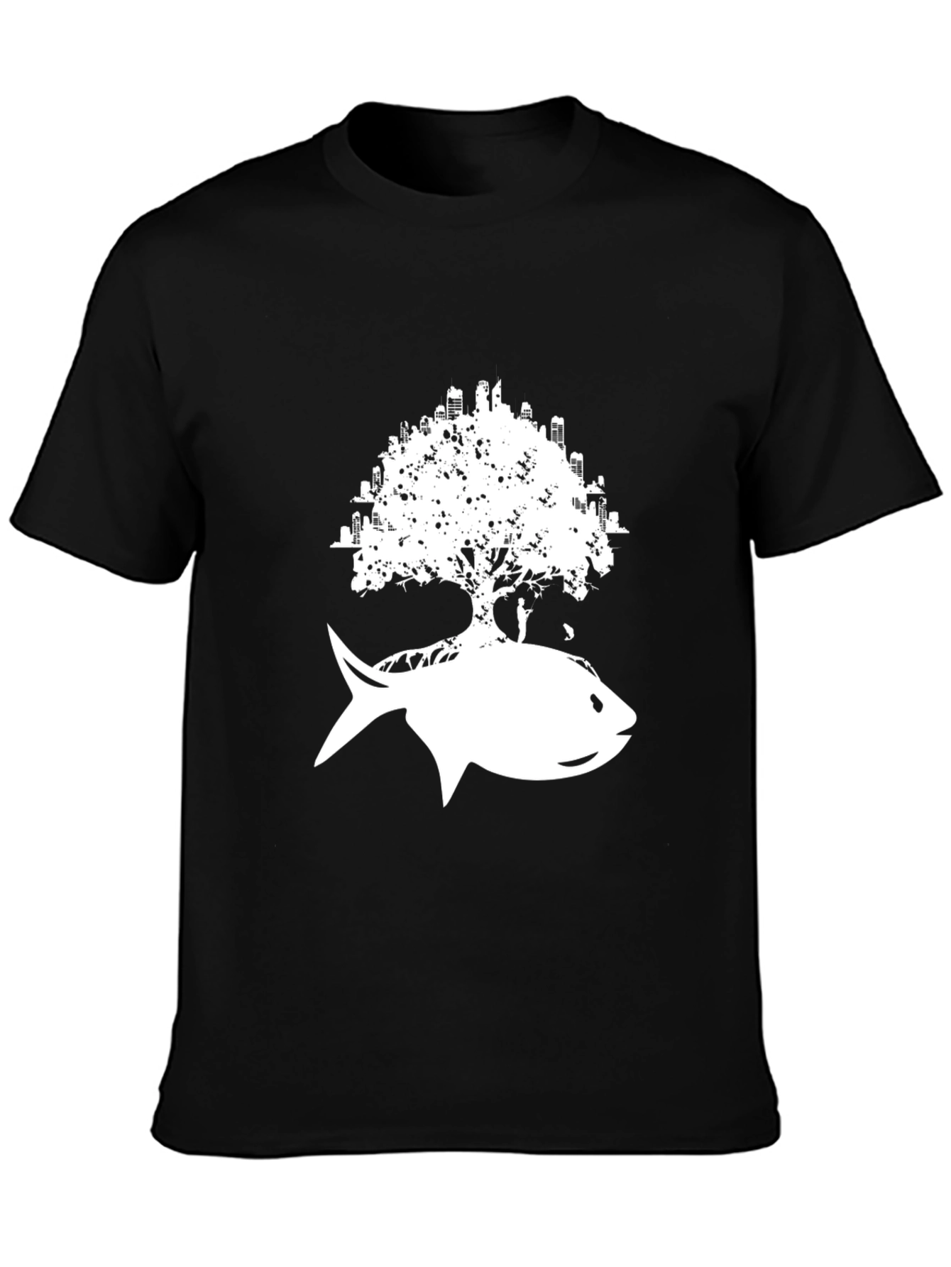 Urban Fish Tree Graphic Tee - Black Cotton T-Shirt