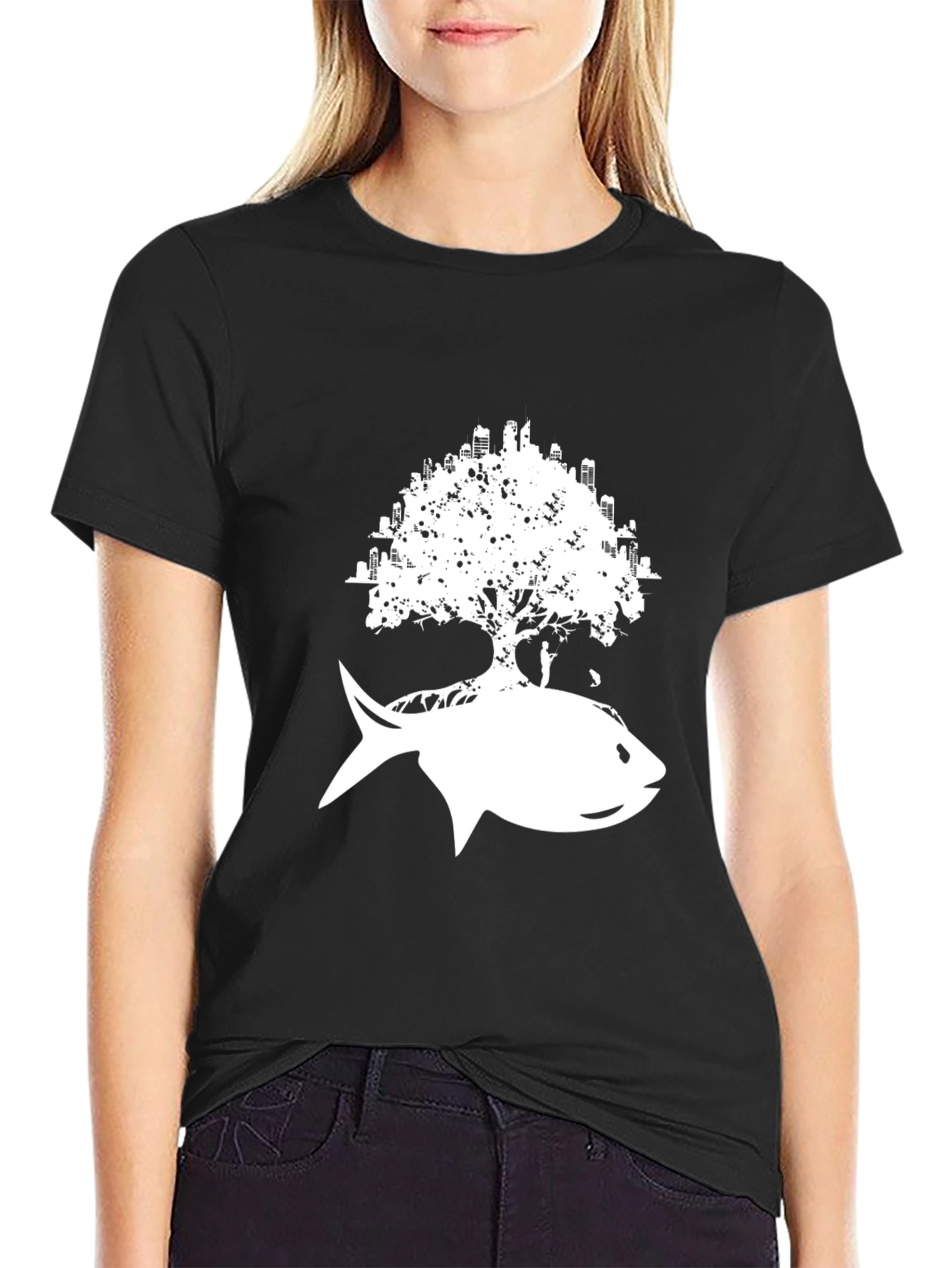 Urban Fish Tree Graphic Tee - Black Cotton T-Shirt