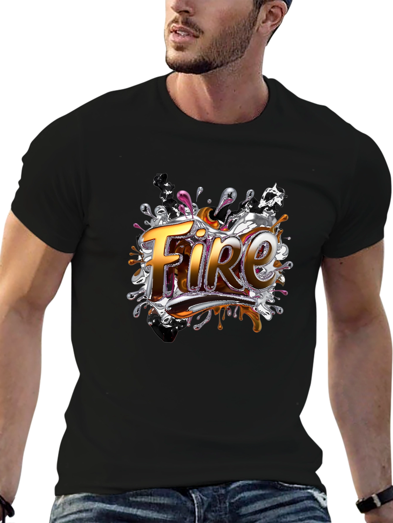 Fire Graphic Print Black T-Shirt