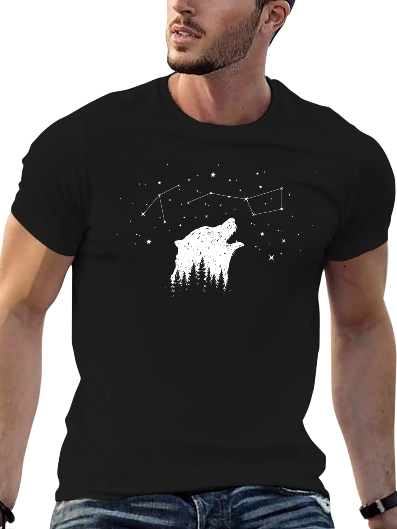 Nature Wolf Constellation Graphic Tee - Black