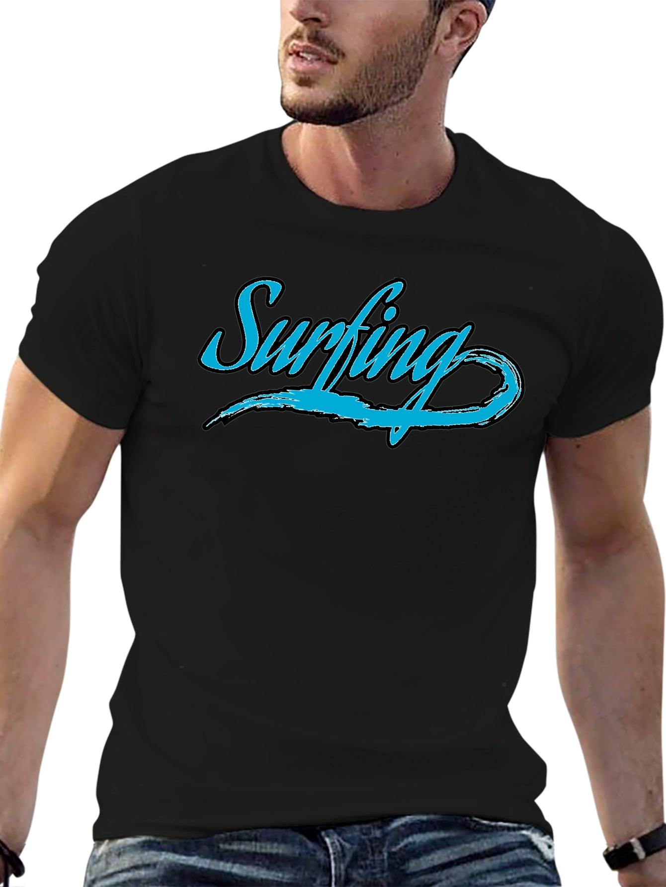 Mens Black Surfing Graphic T-Shirt