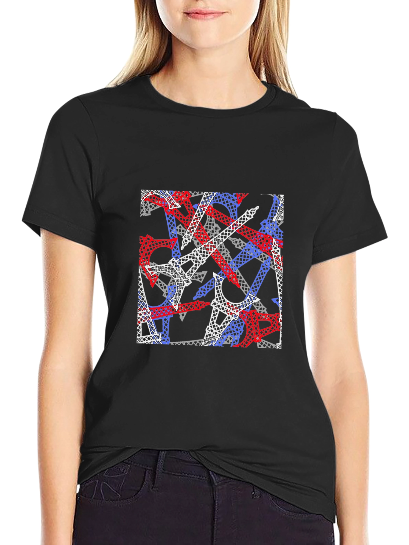 Eiffel Tower Pattern Black T-Shirt