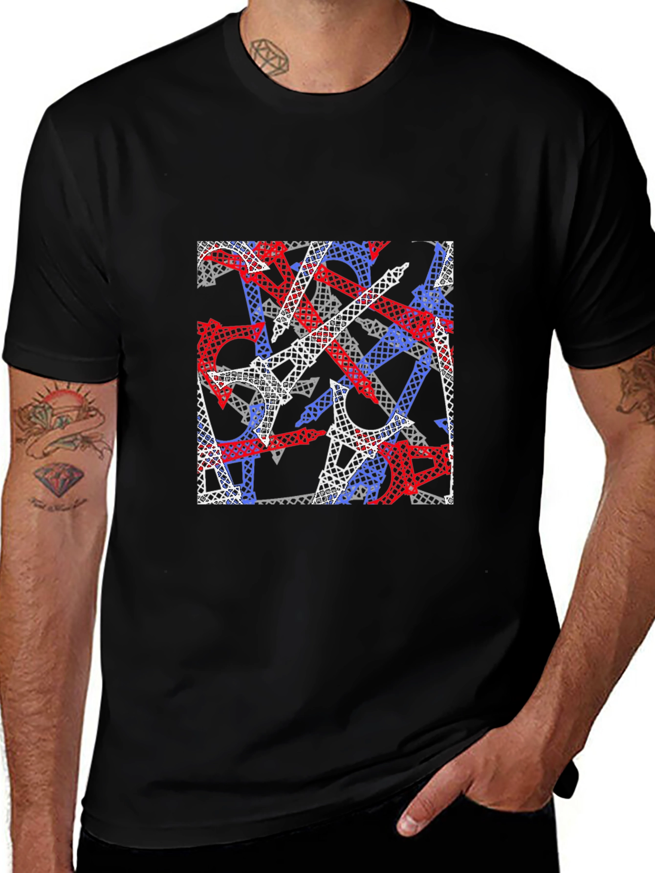 Eiffel Tower Pattern Black T-Shirt
