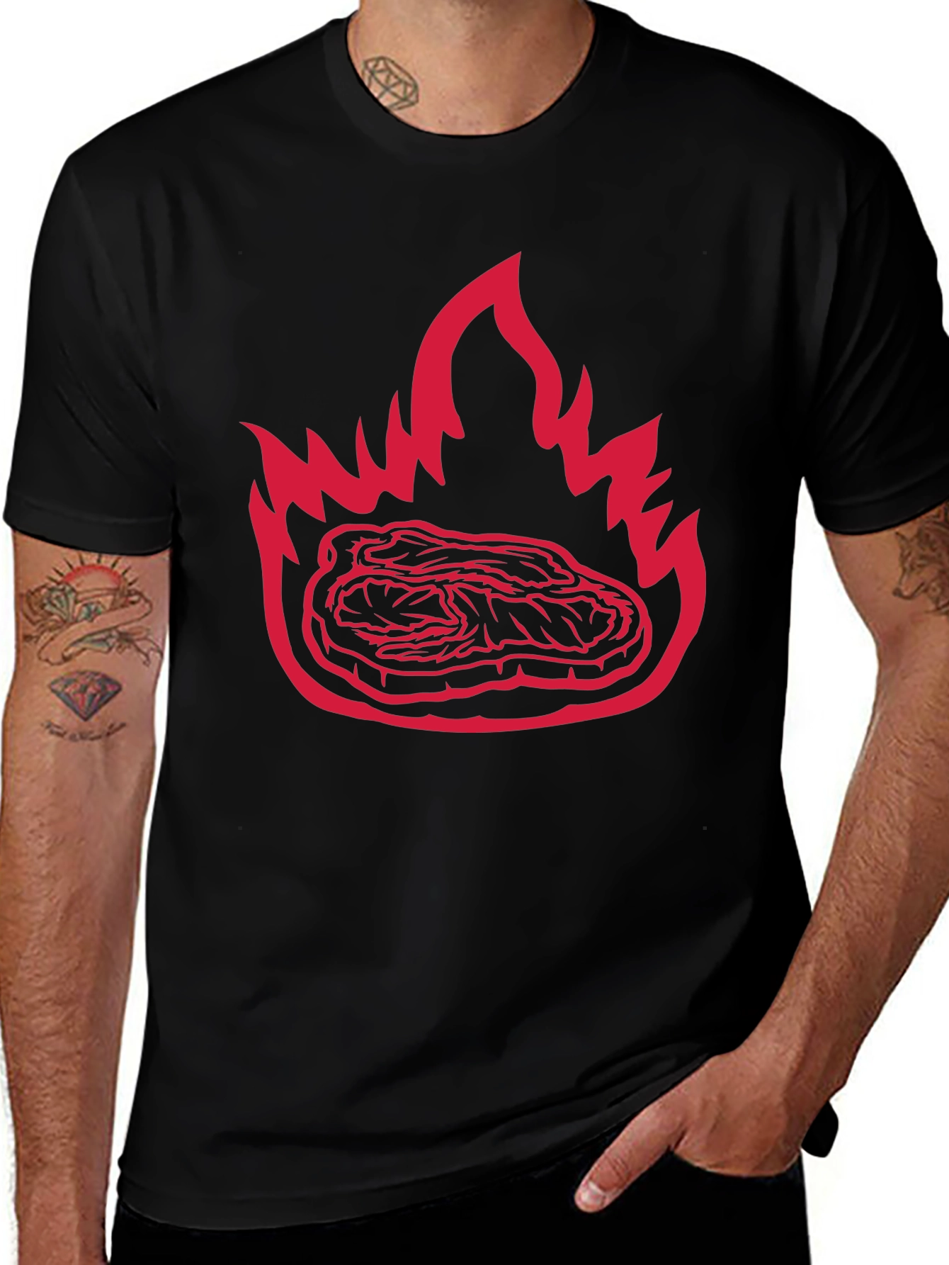 Flaming Steak Graphic Tee - Bold Black T-Shirt