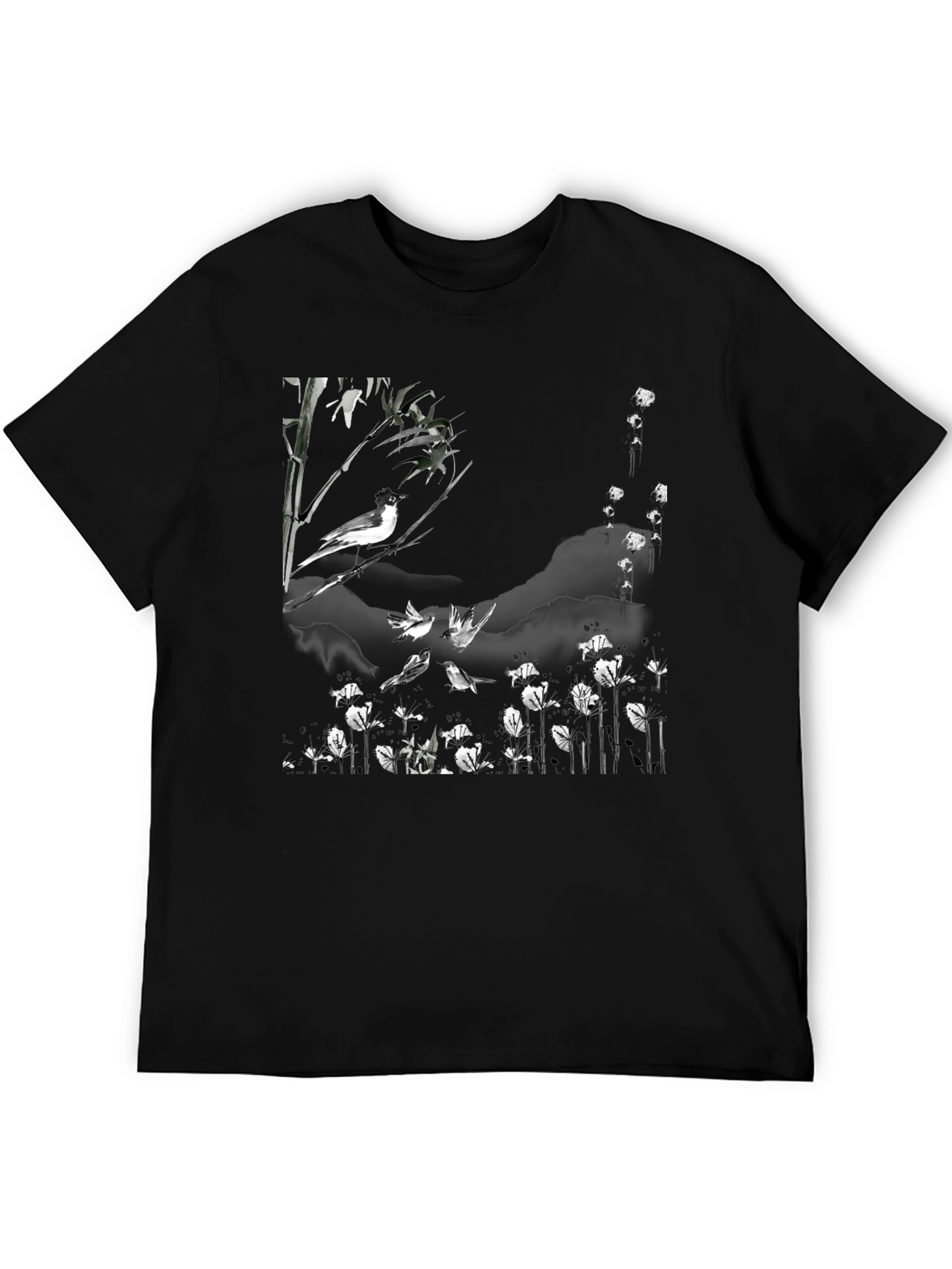 Bird & Bamboo Graphic Tee - Stylish Black T-Shirt