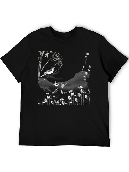 Bird & Bamboo Graphic Tee - Stylish Black T-Shirt