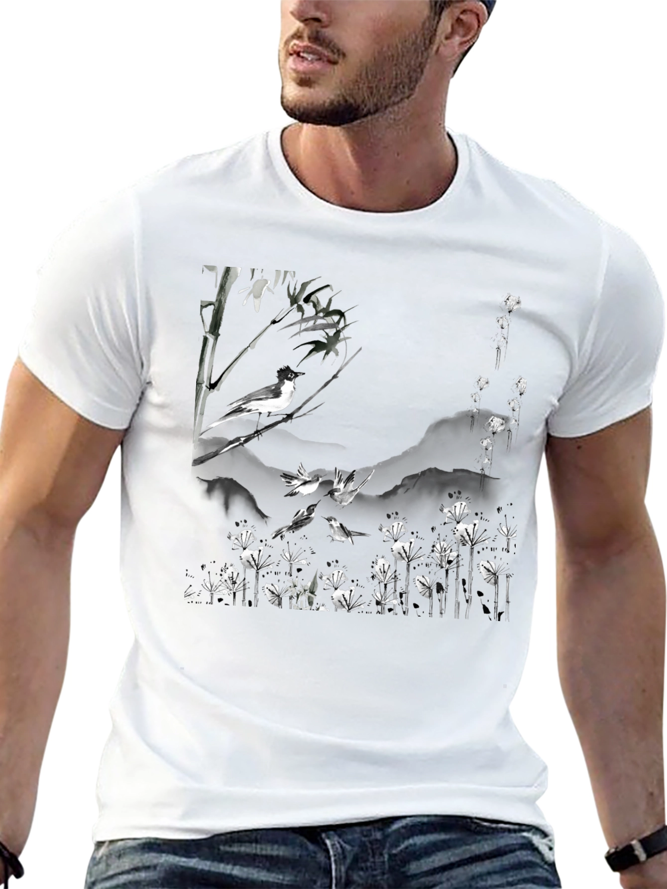 Bird & Bamboo Graphic Tee - Stylish Black T-Shirt