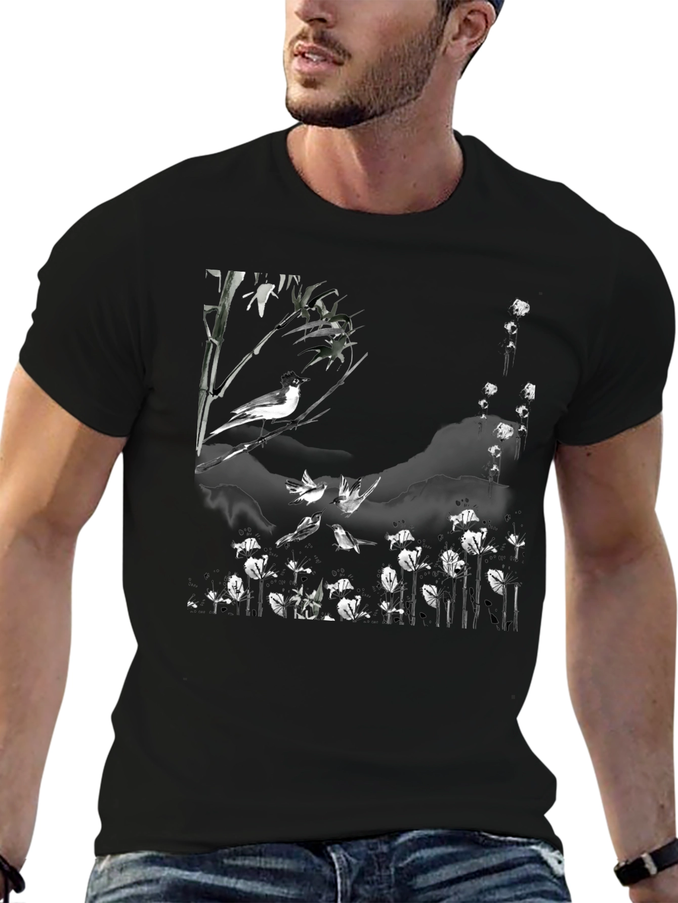 Bird & Bamboo Graphic Tee - Stylish Black T-Shirt