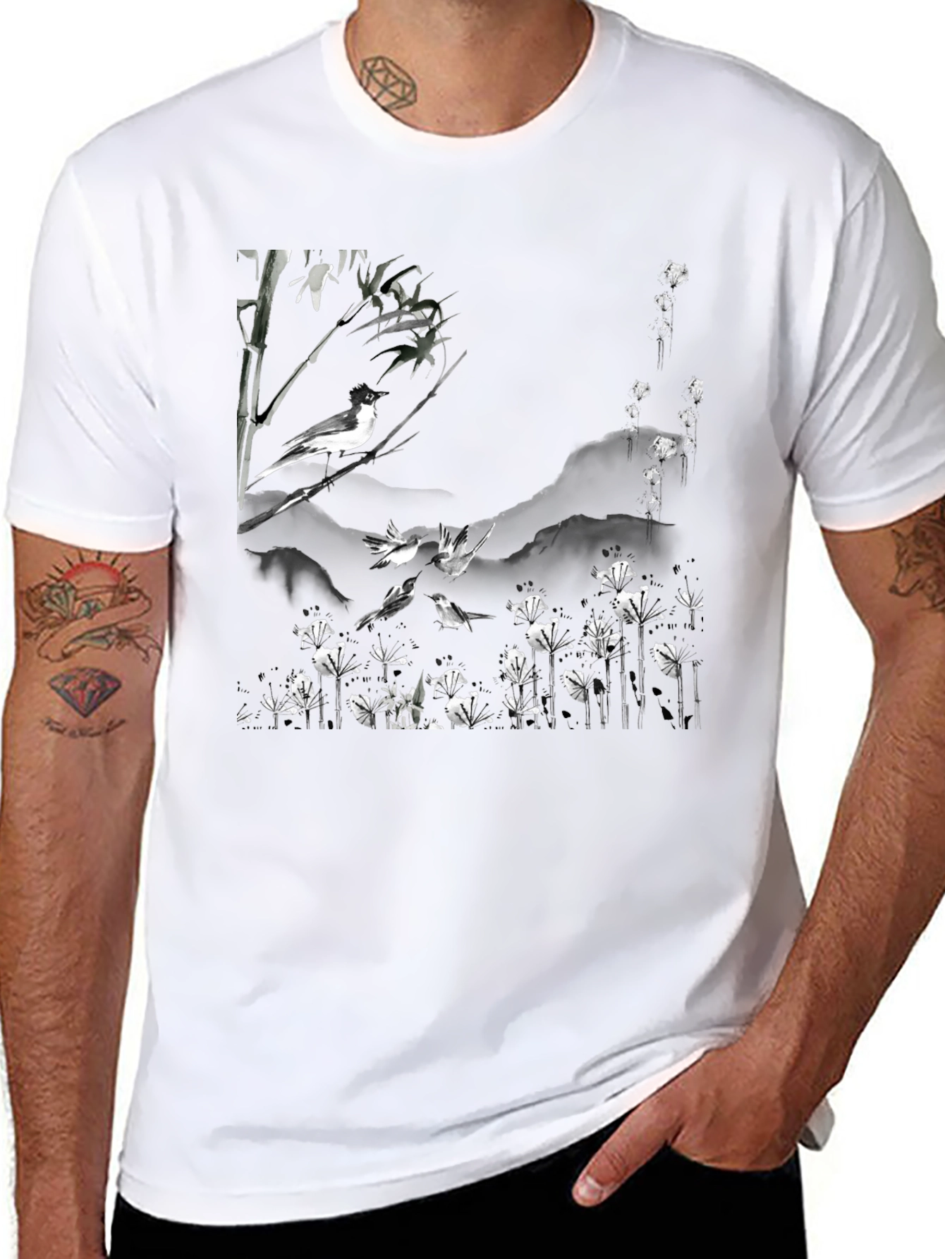 Bird & Bamboo Graphic Tee - Stylish Black T-Shirt