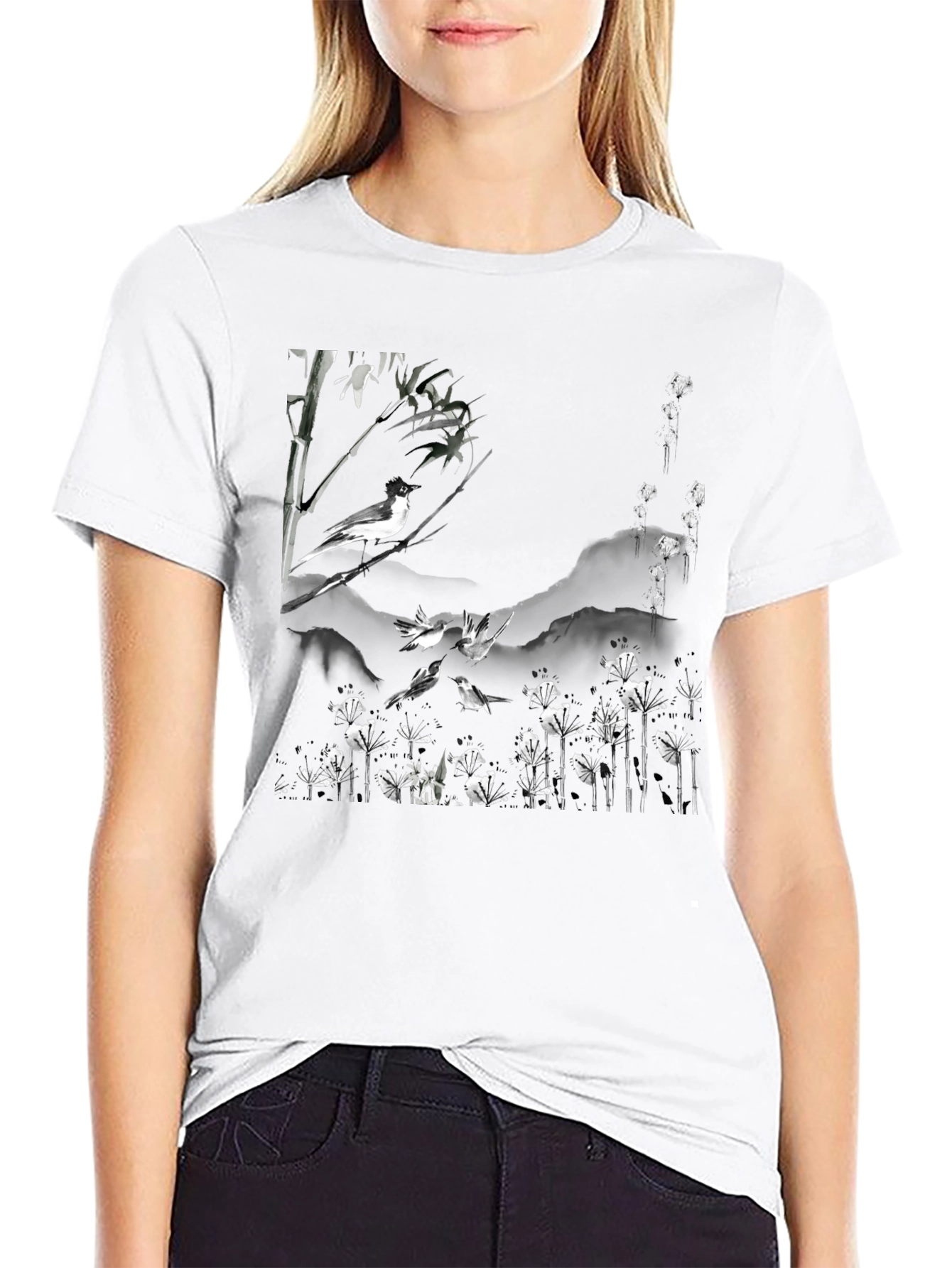 Bird & Bamboo Graphic Tee - Stylish Black T-Shirt