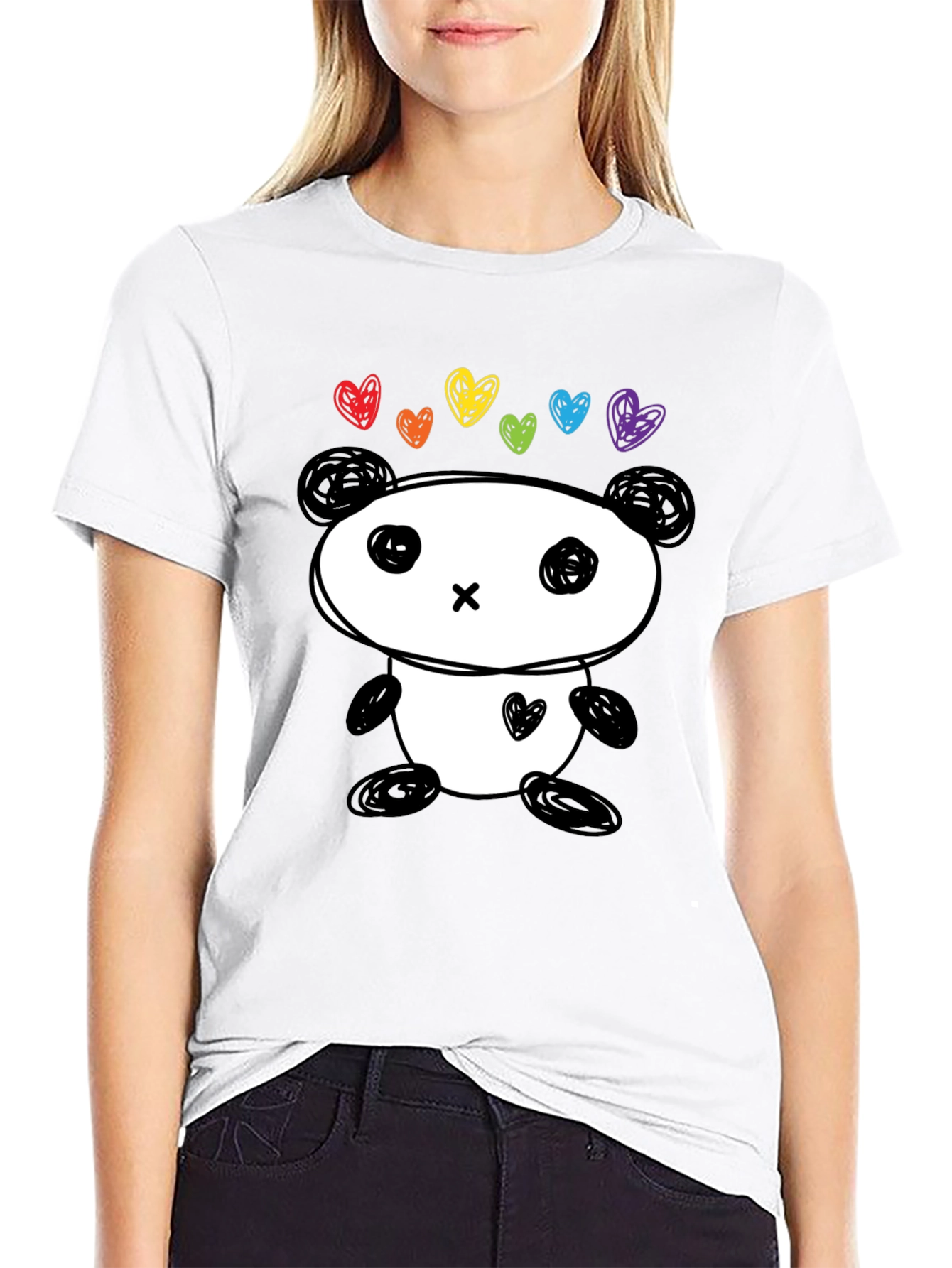 Cute Panda Rainbow Hearts Graphic Tee