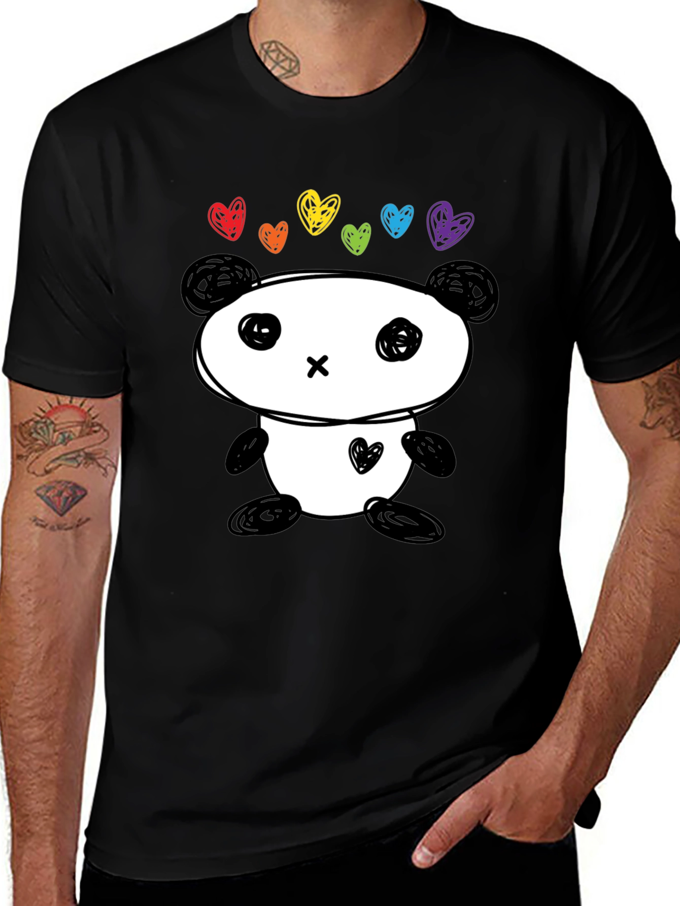 Cute Panda Rainbow Hearts Graphic Tee