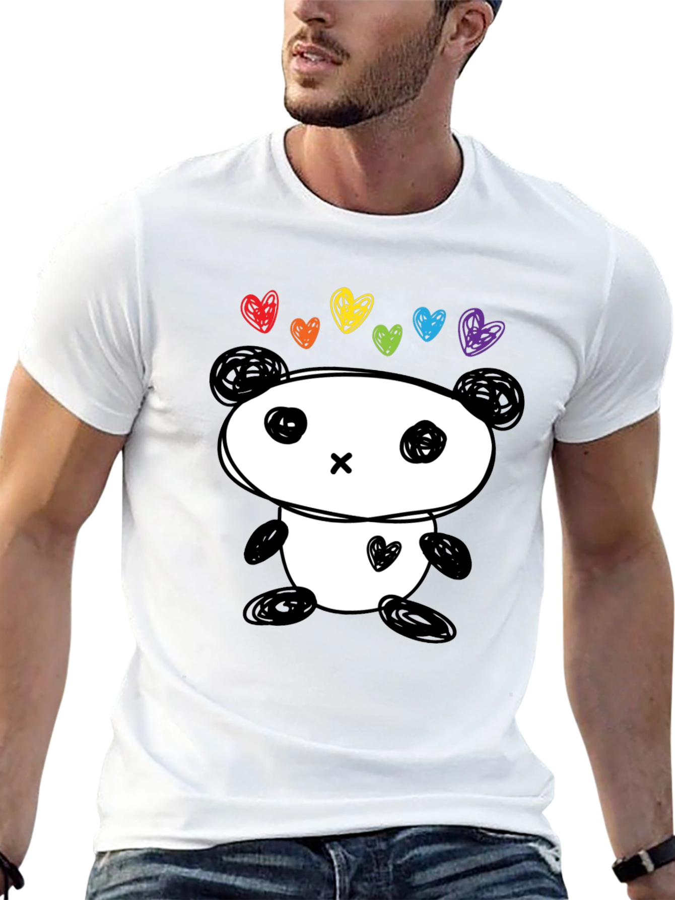 Cute Panda Rainbow Hearts Graphic Tee