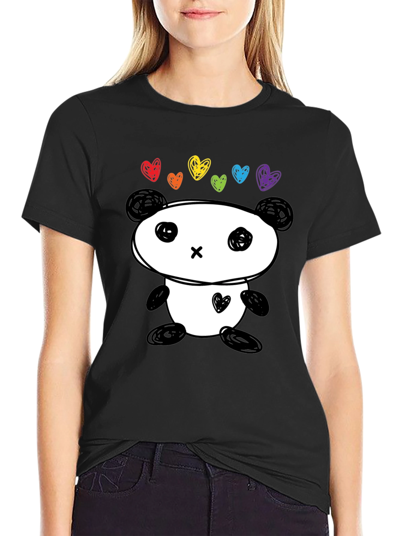 Cute Panda Rainbow Hearts Graphic Tee