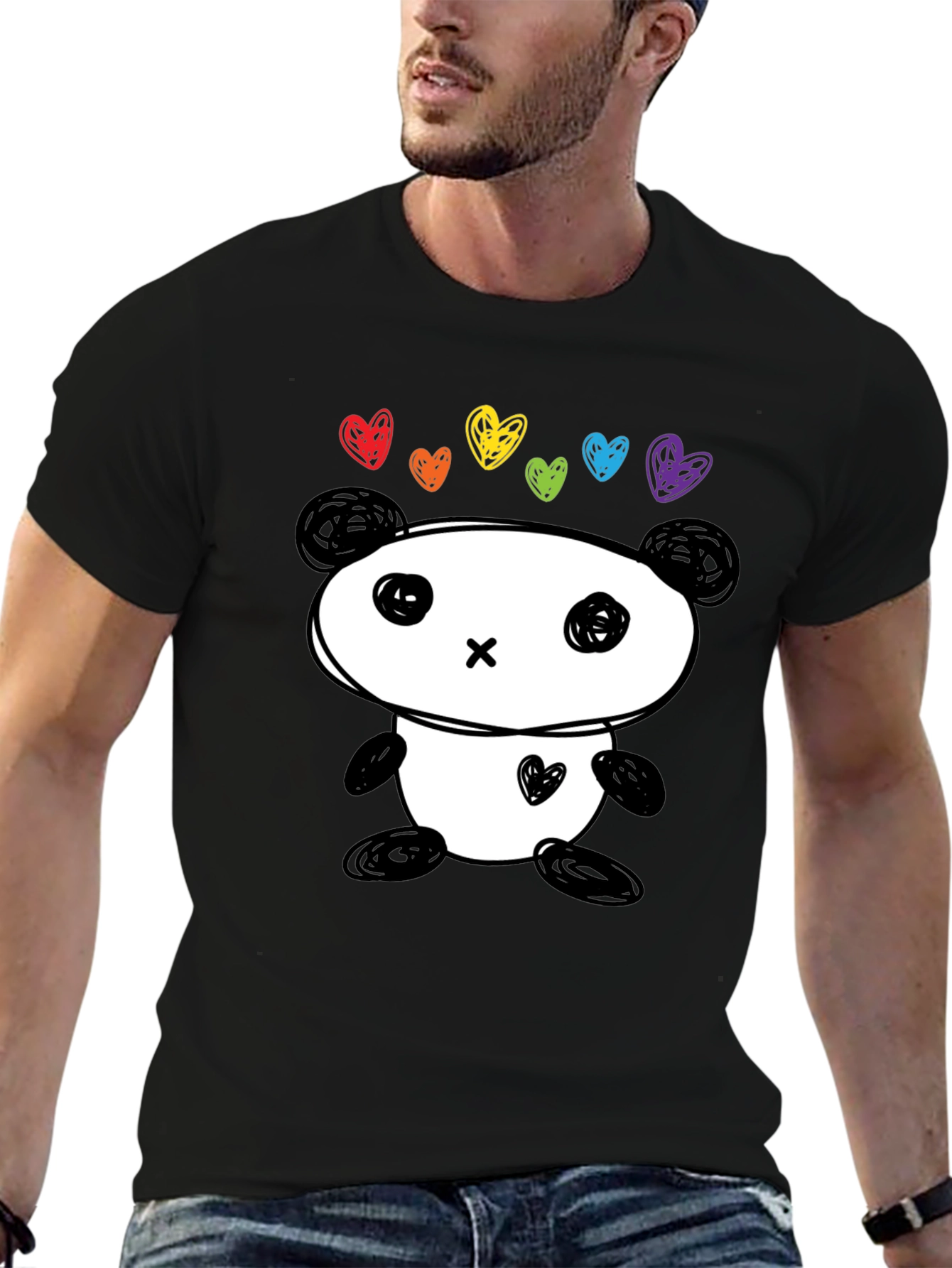 Cute Panda Rainbow Hearts Graphic Tee