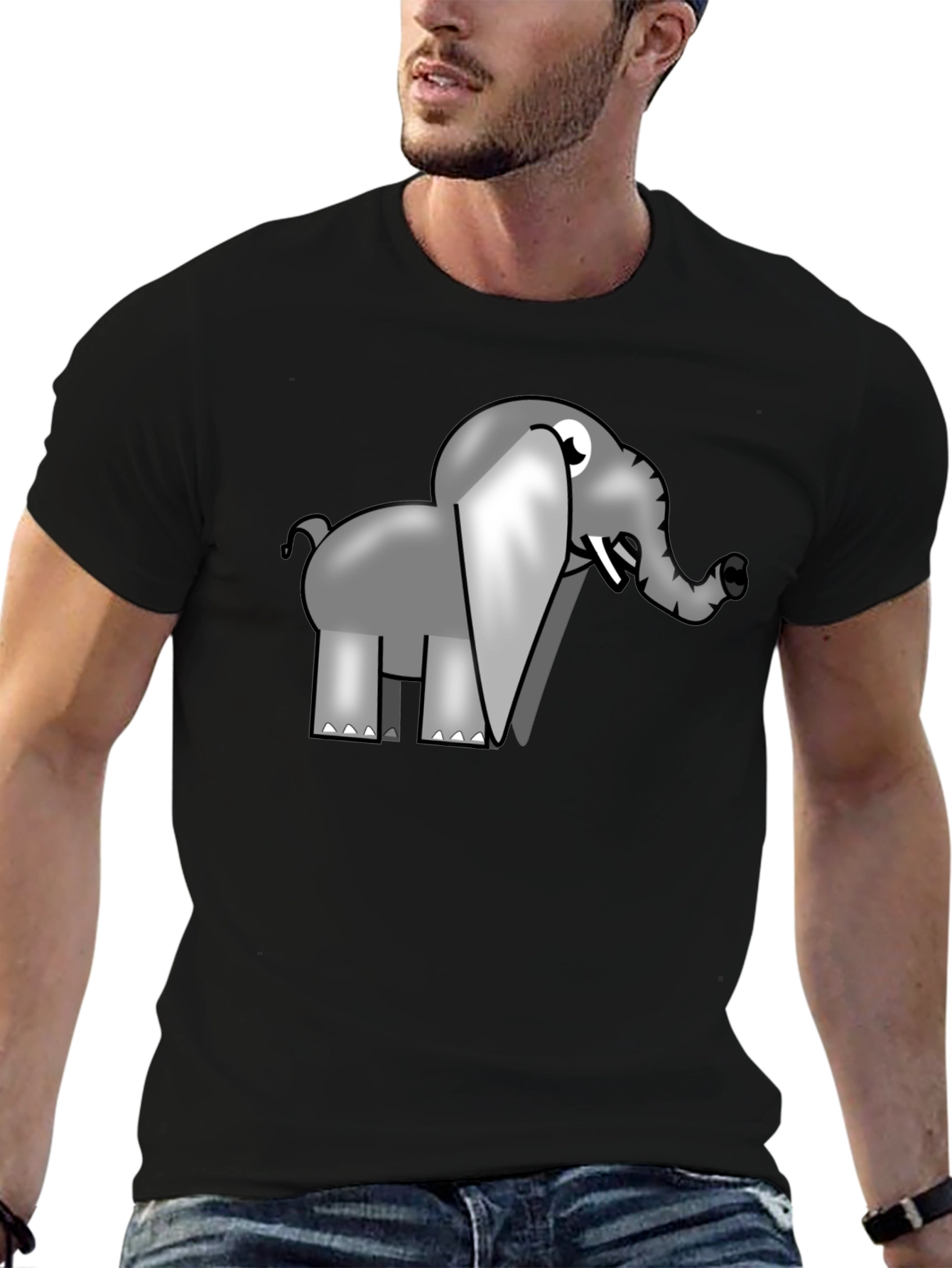Cartoon Elephant Graphic T-Shirt - Black Cotton Tee