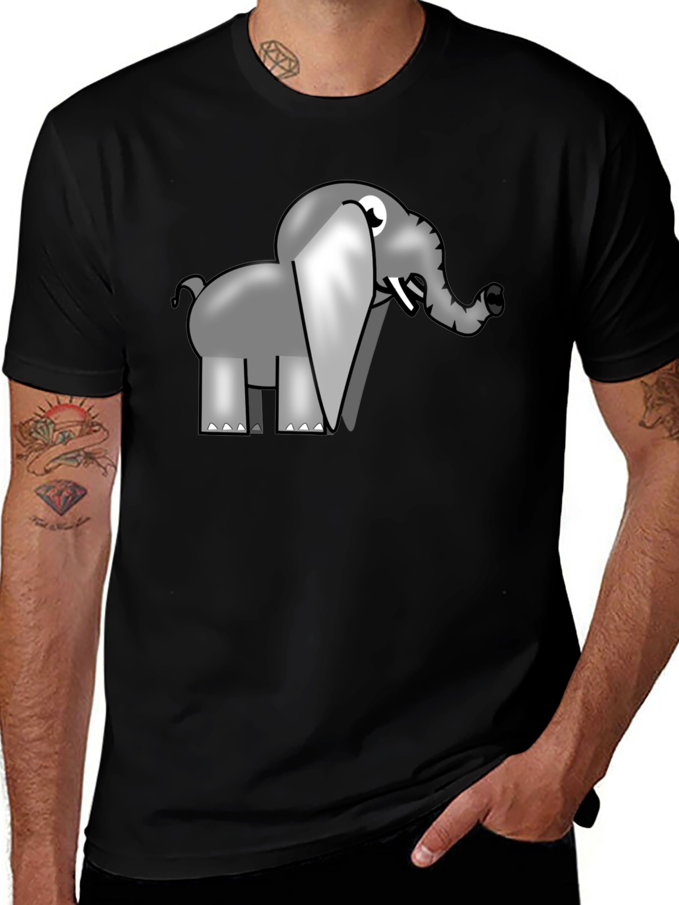Cartoon Elephant Graphic T-Shirt - Black Cotton Tee