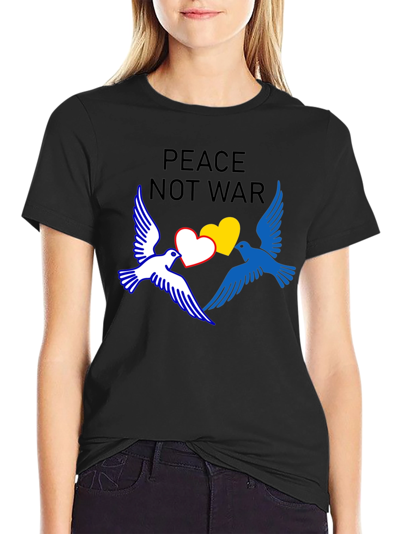 Peace Not War T-Shirt with Dove and Heart Graphic