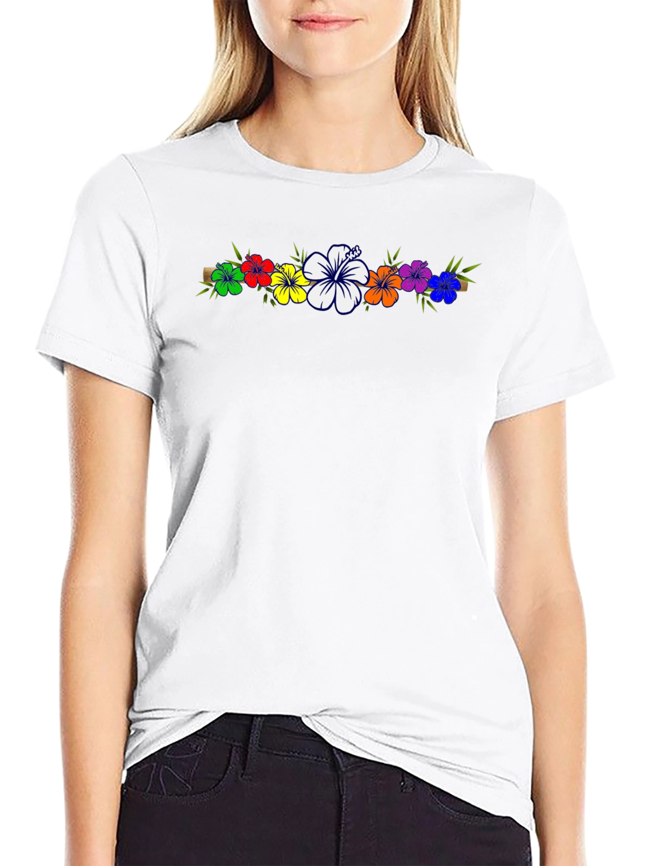 Rainbow Hibiscus Flower T-Shirt - Black
