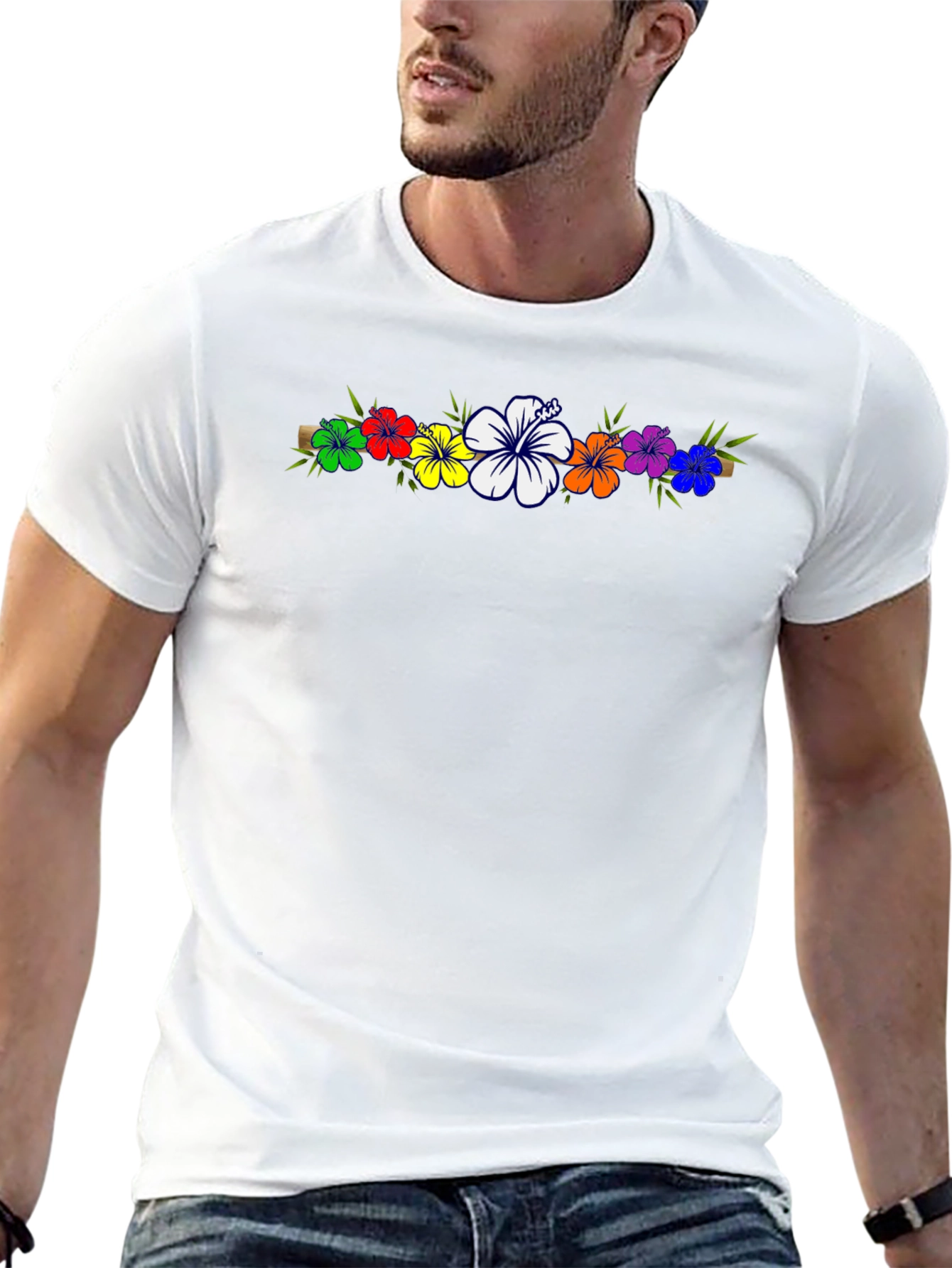 Rainbow Hibiscus Flower T-Shirt - Black