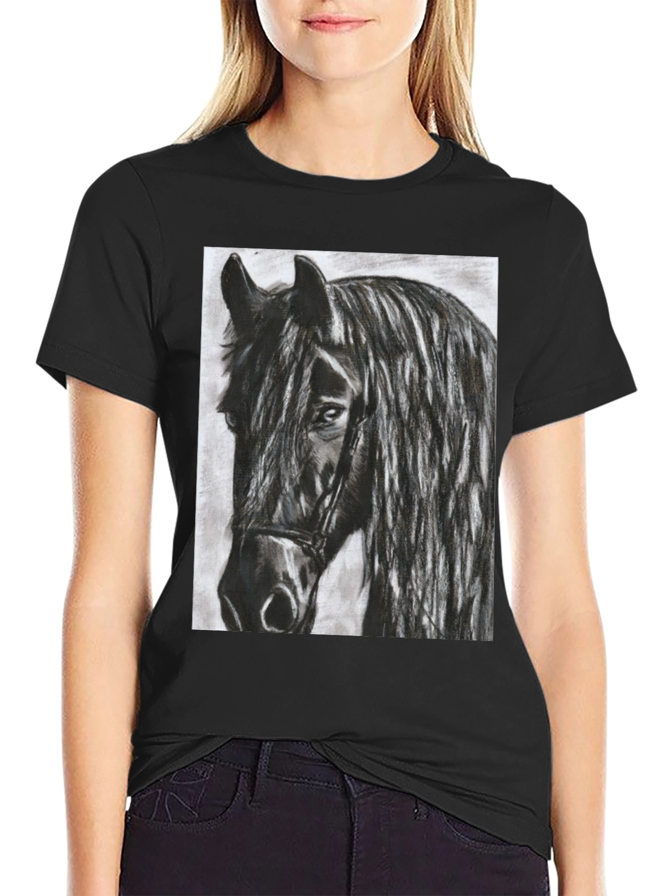 Black Horse Graphic Tee - Equestrian Art Shirt