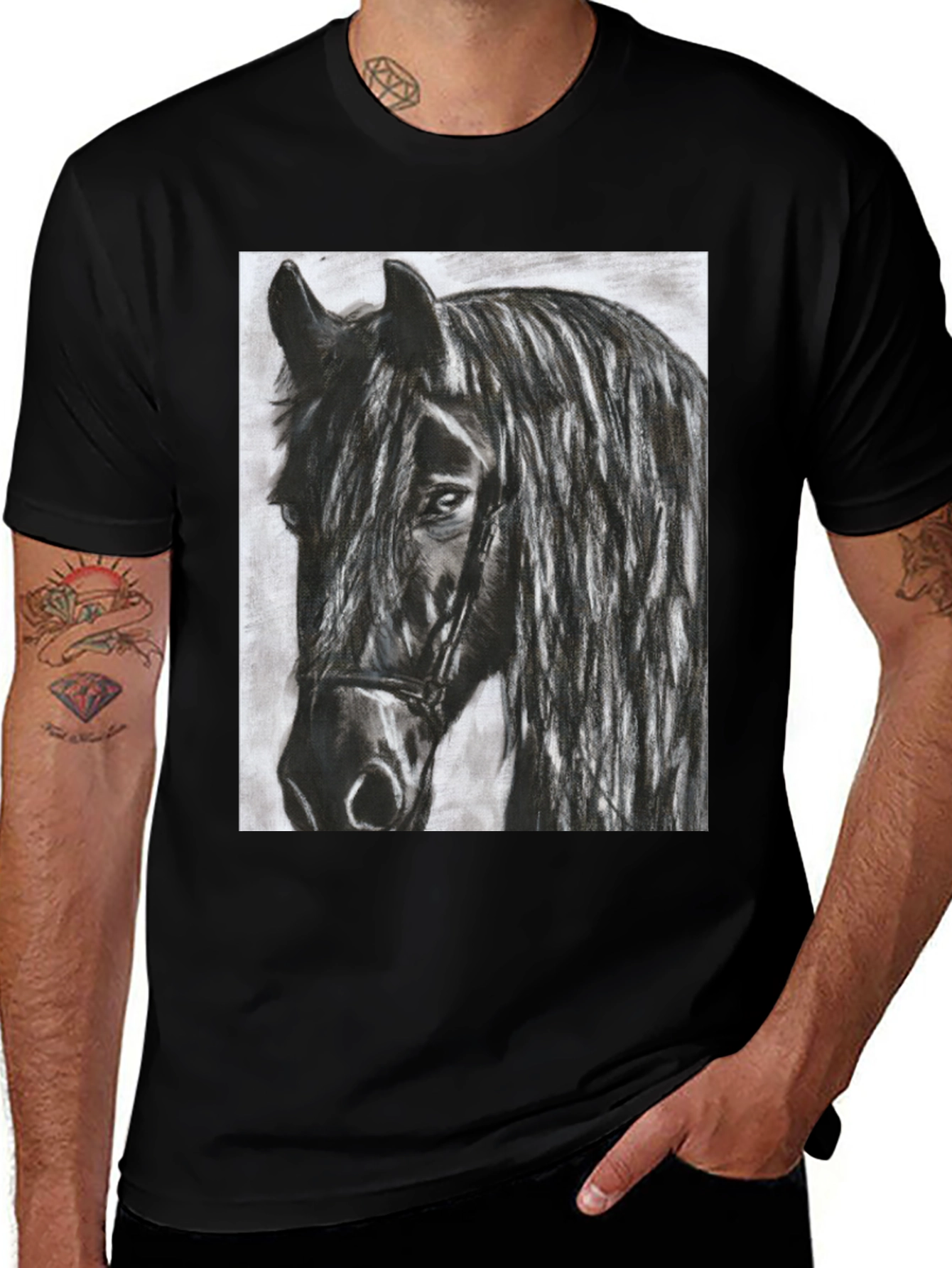 Black Horse Graphic Tee - Equestrian Art Shirt