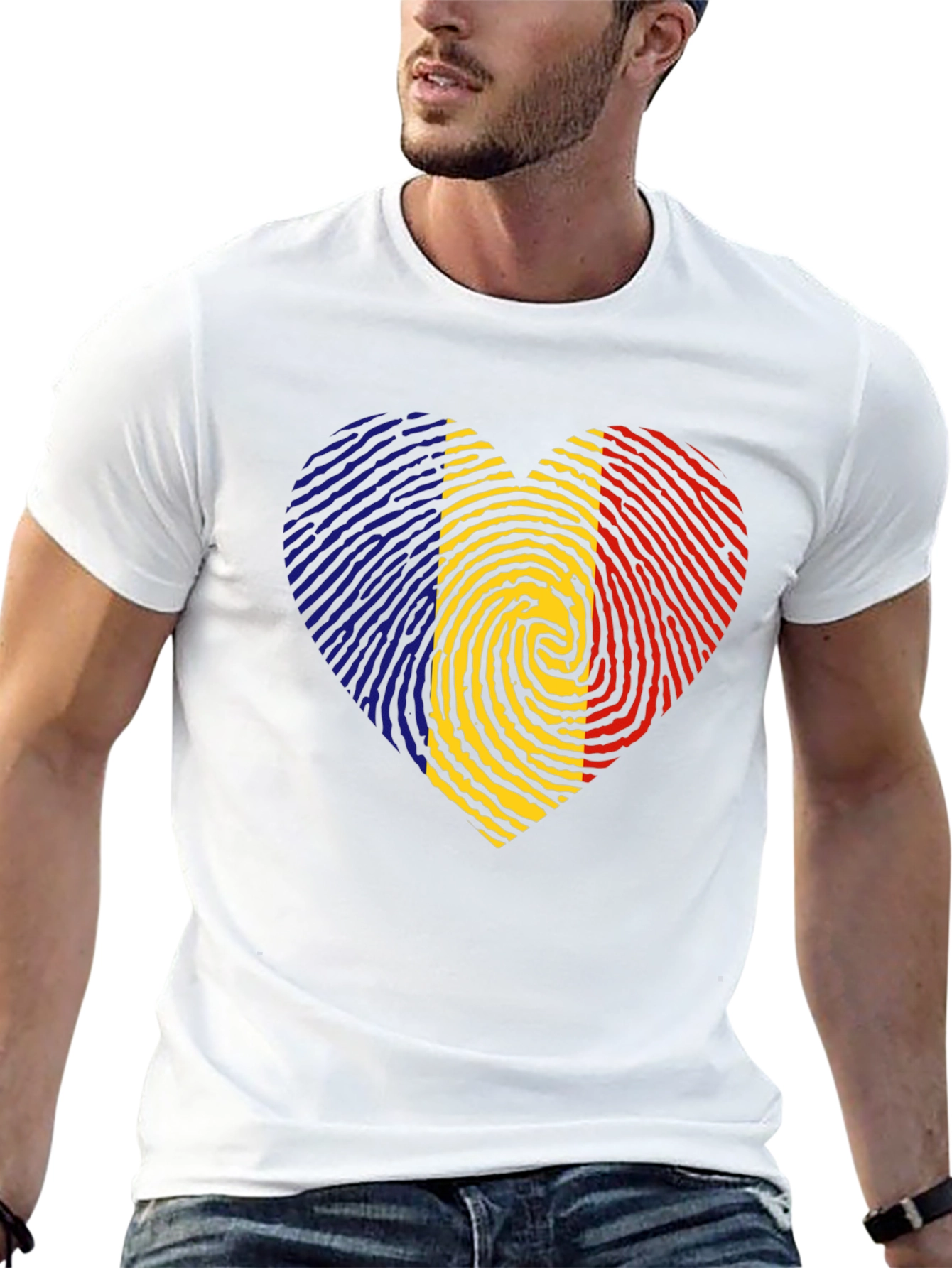Romania Flag Fingerprint Heart Black T-Shirt