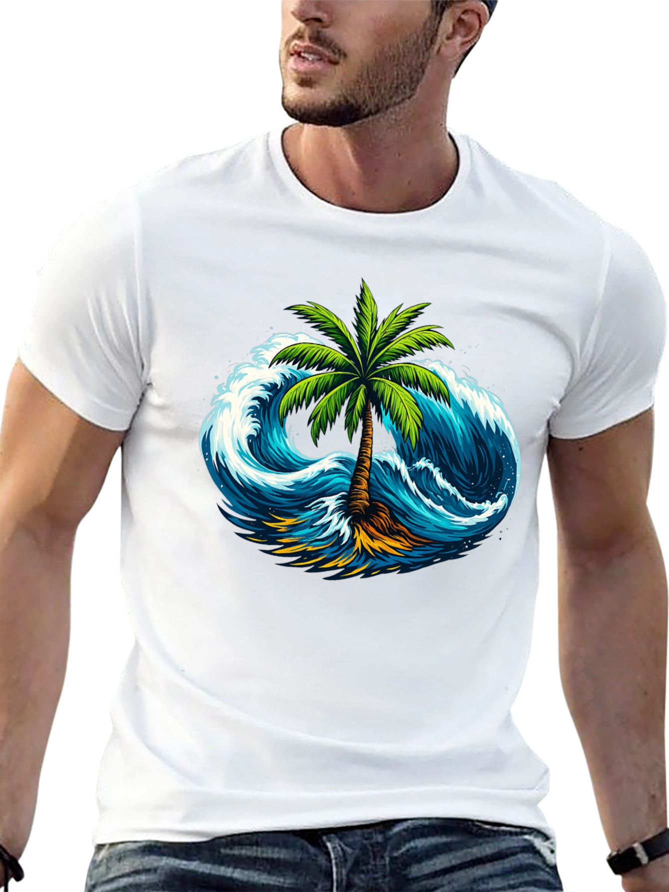 Tropical Wave Palm Tee - Black Cotton Shirt