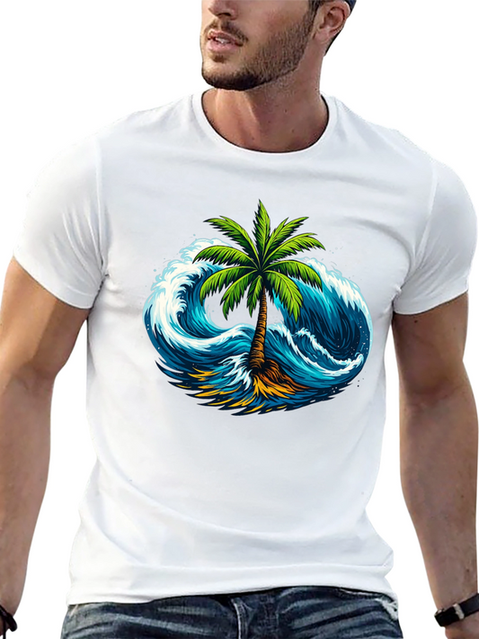 Tropical Wave Palm Tee - Black Cotton Shirt