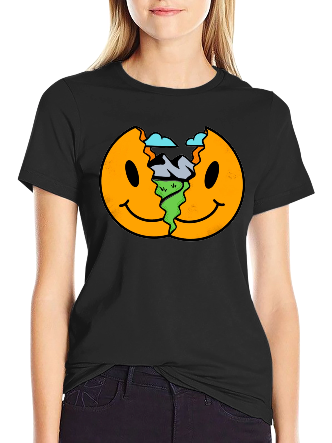 Smiley Face Landscape Black T-Shirt
