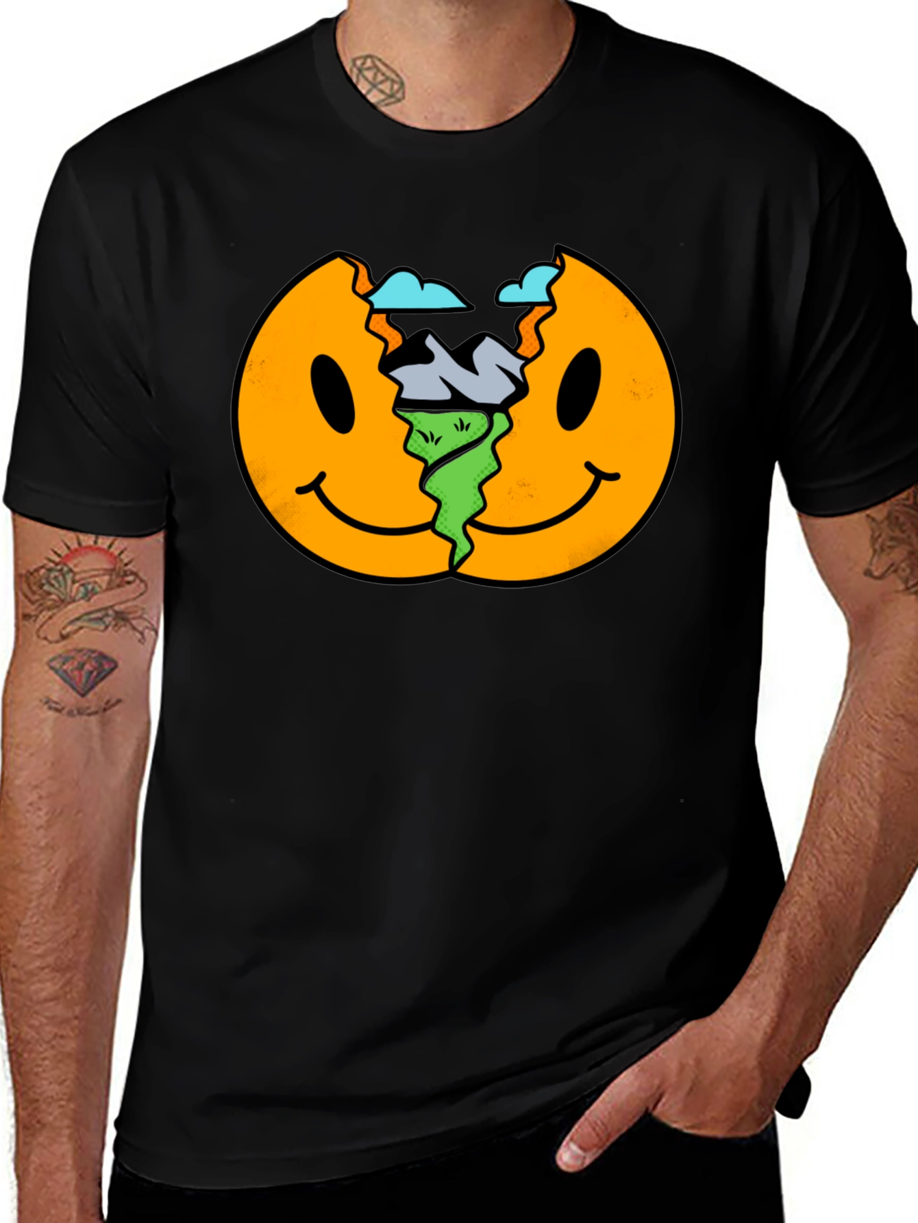 Smiley Face Landscape Black T-Shirt