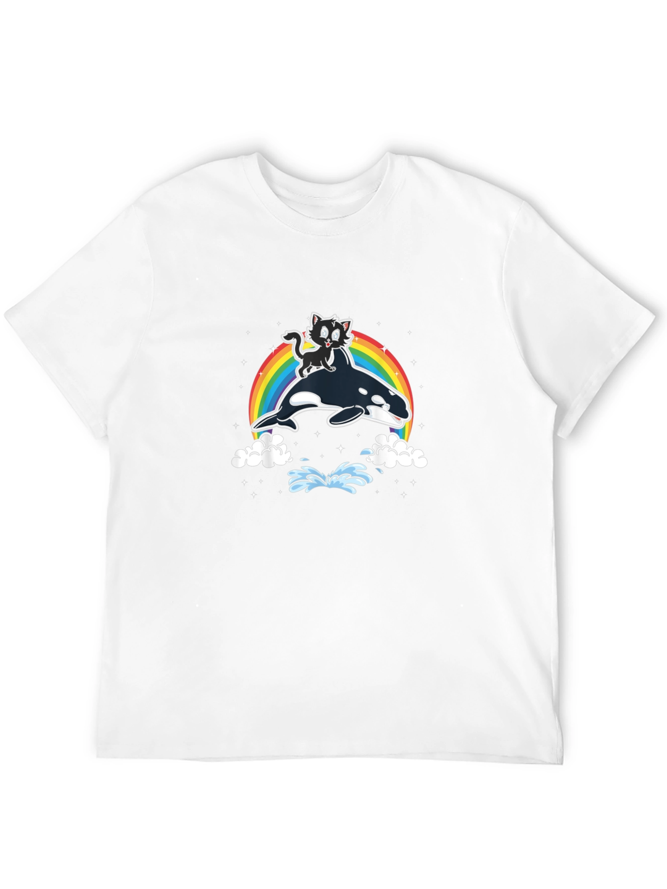 Cat Riding Orca T-Shirt - Rainbow Whimsical Design