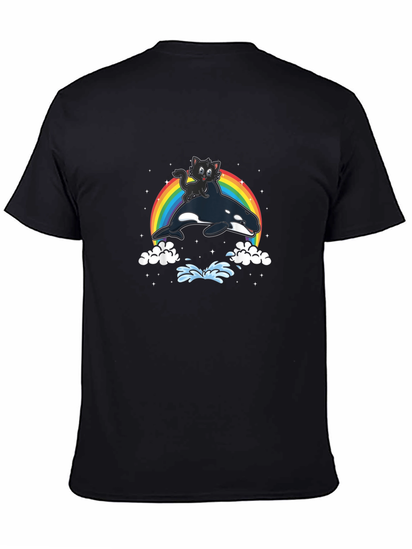 Cat Riding Orca T-Shirt - Rainbow Whimsical Design
