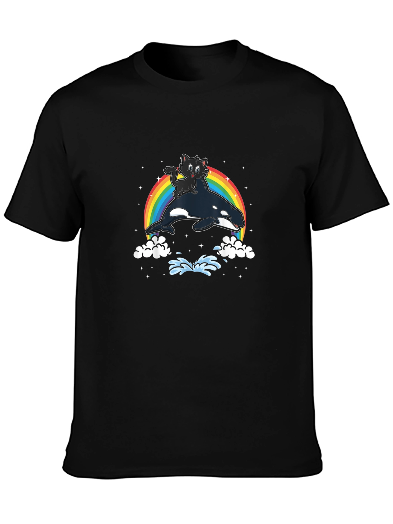 Cat Riding Orca T-Shirt - Rainbow Whimsical Design
